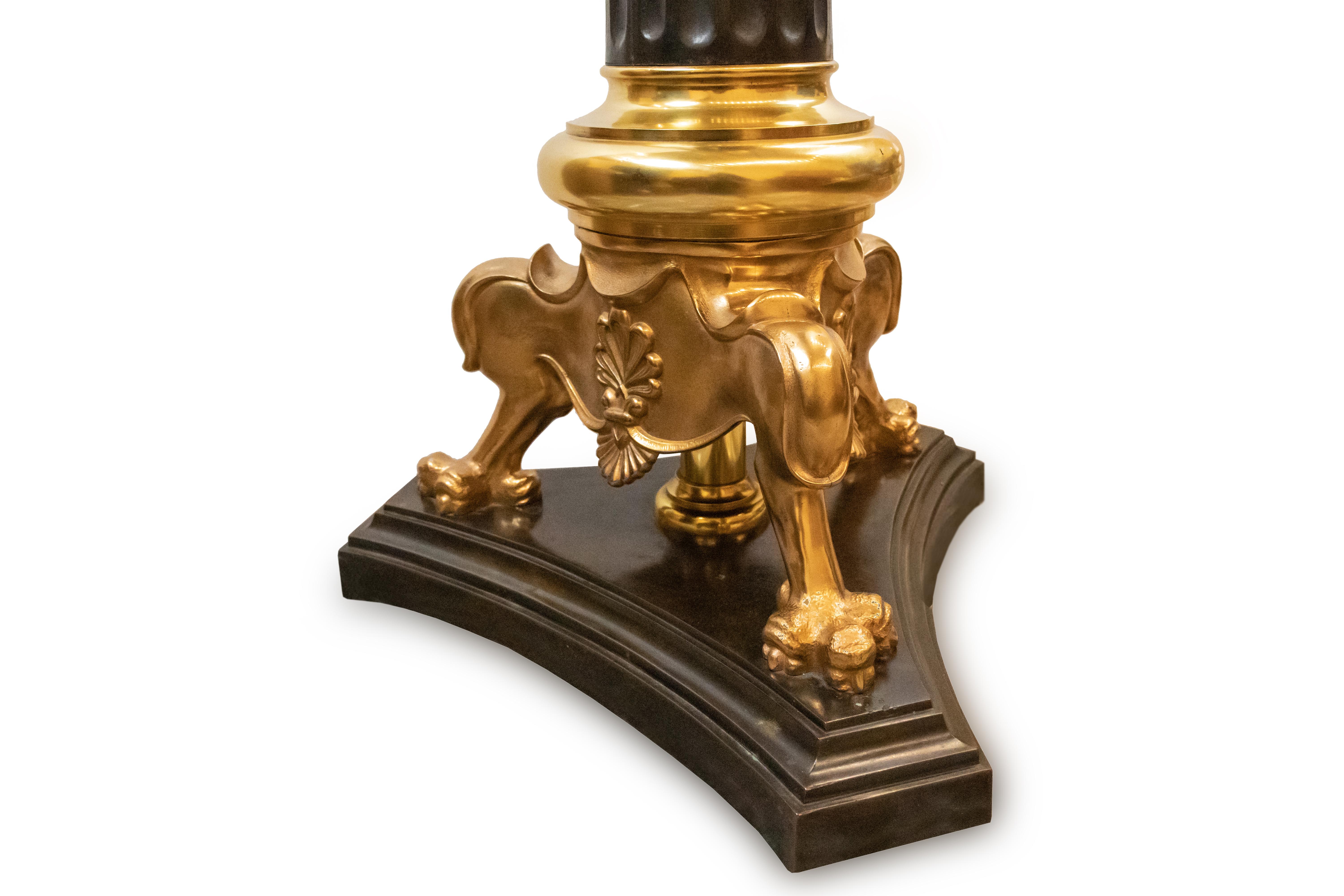 Gilt Large Empire Style Bronze Pillar Floor Lamp with a Frosted Glass Globe Shade