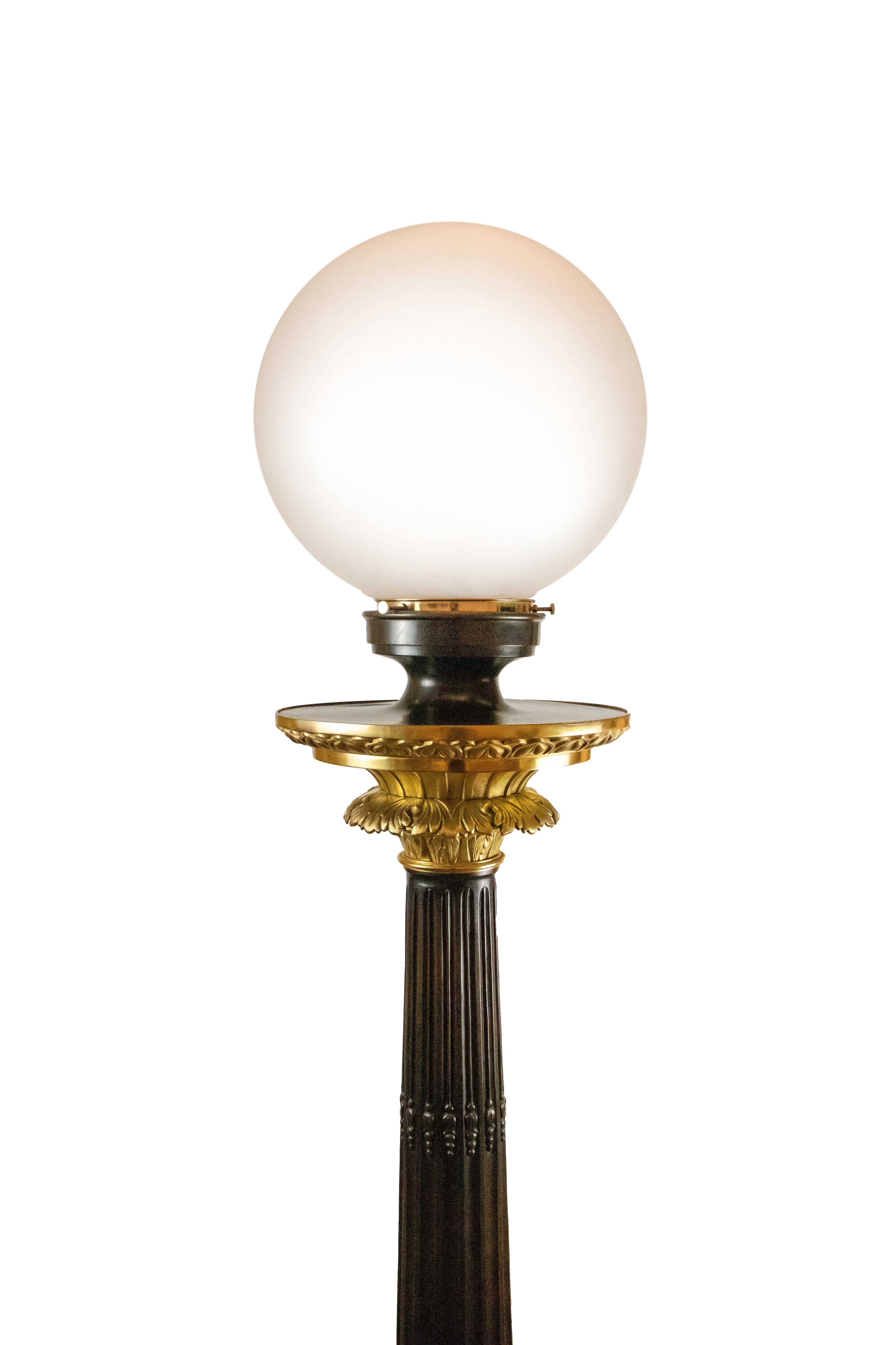Large Empire Style Bronze Pillar Floor Lamp with a Frosted Glass Globe Shade In Good Condition In Dubai, AE