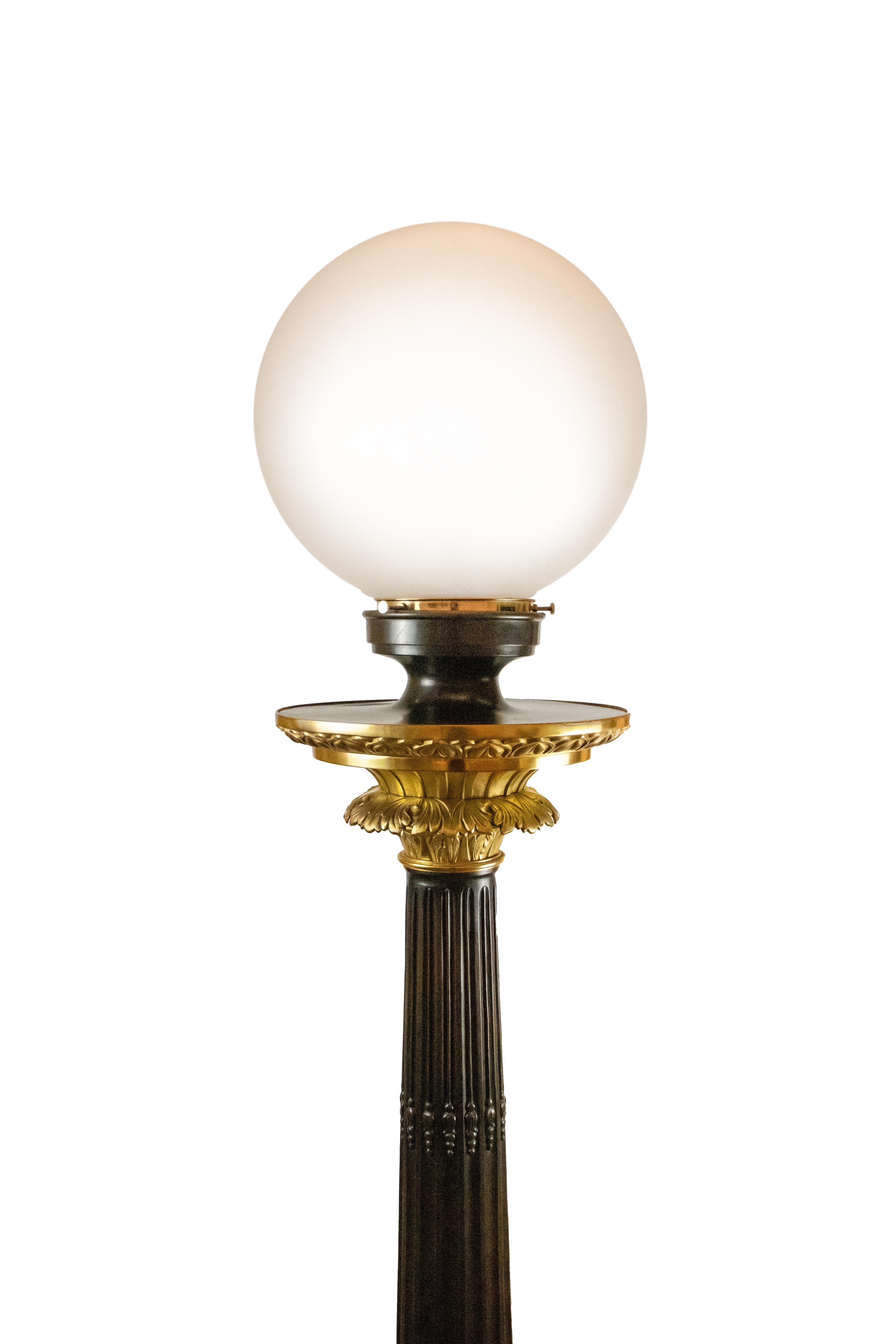 Large Empire Style Bronze Pillar Floor Lamp with a Frosted Glass Globe Shade In Good Condition For Sale In Dubai, AE