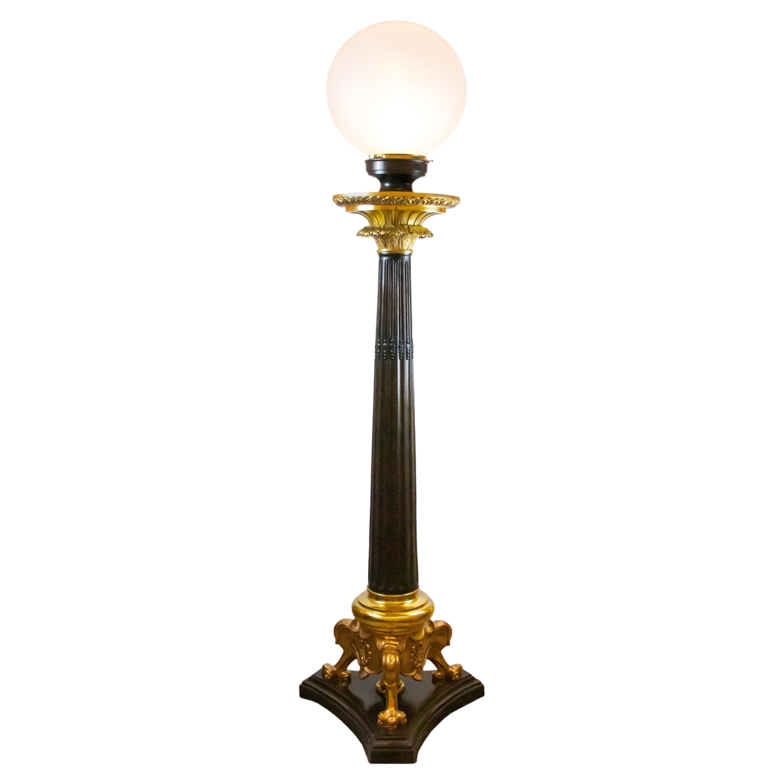 Large Empire Style Bronze Pillar Floor Lamp with a Frosted Glass Globe Shade For Sale