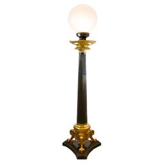Antique Large Empire Style Bronze Pillar Floor Lamp with a Frosted Glass Globe Shade
