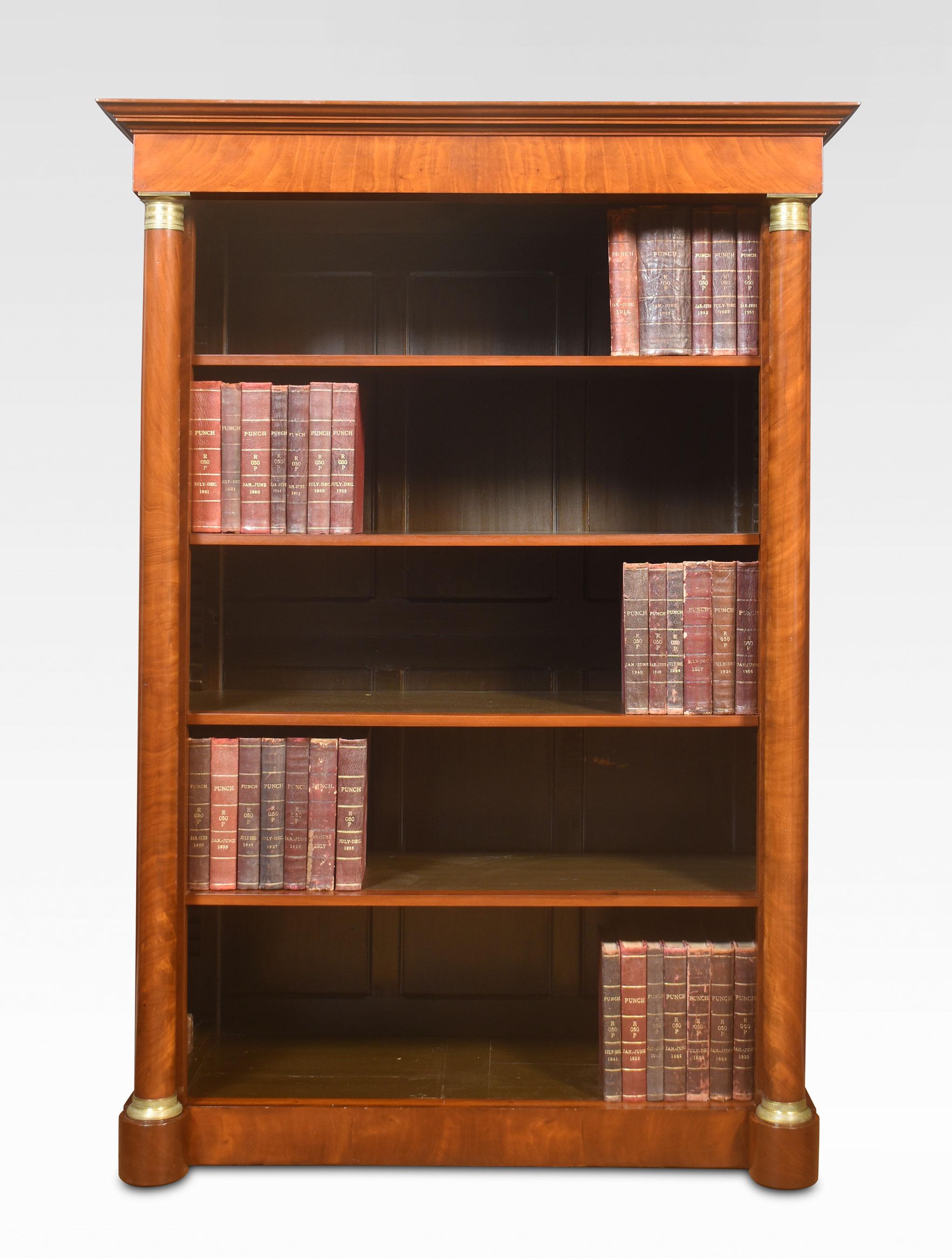 Large open bookcase the moulded cornice above large adjustable shelved interior flanked by circular columns with brass capitals, All raised up on plinth base. The bookcase will disassemble for easy transportation.
Dimensions
Height 77