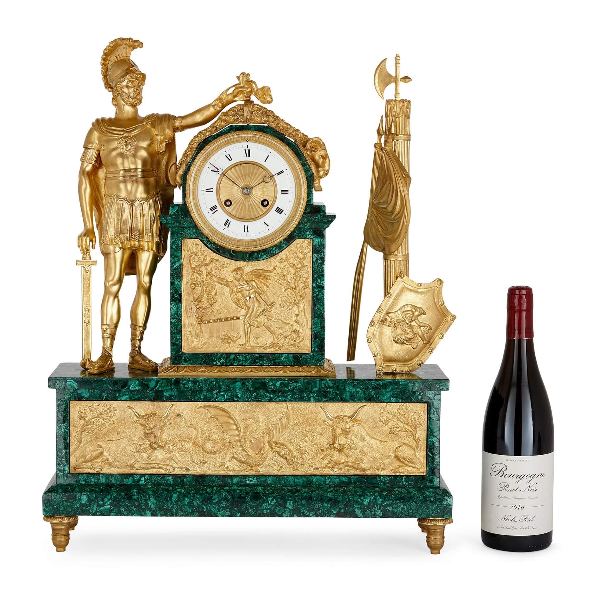 Large Empire Style Ormolu and Malachite Mantel Clock with Mythological Sculpture For Sale 3