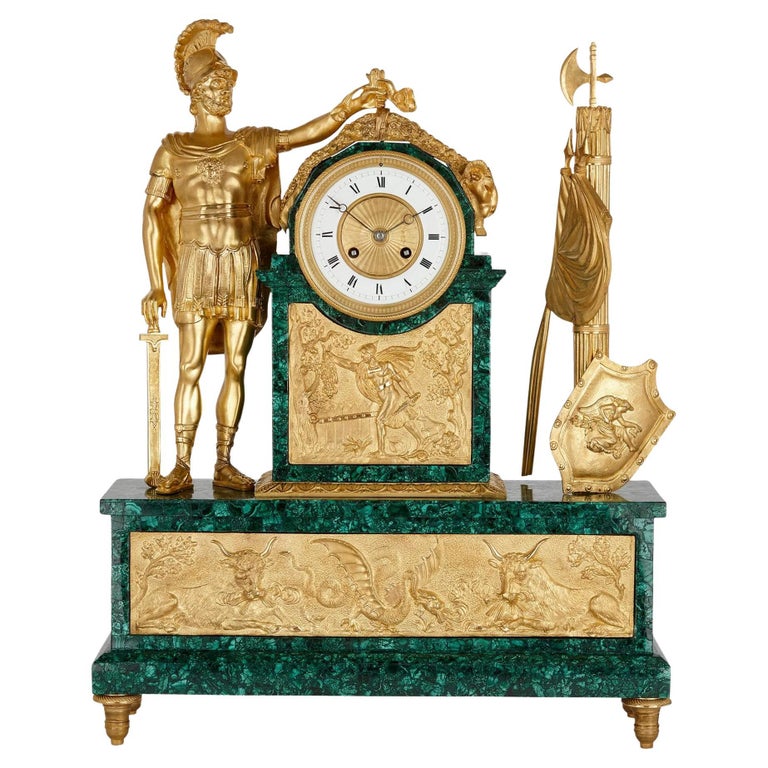 Large Empire Style Ormolu and Malachite Mantel Clock with Mythological  Sculpture For Sale at 1stDibs