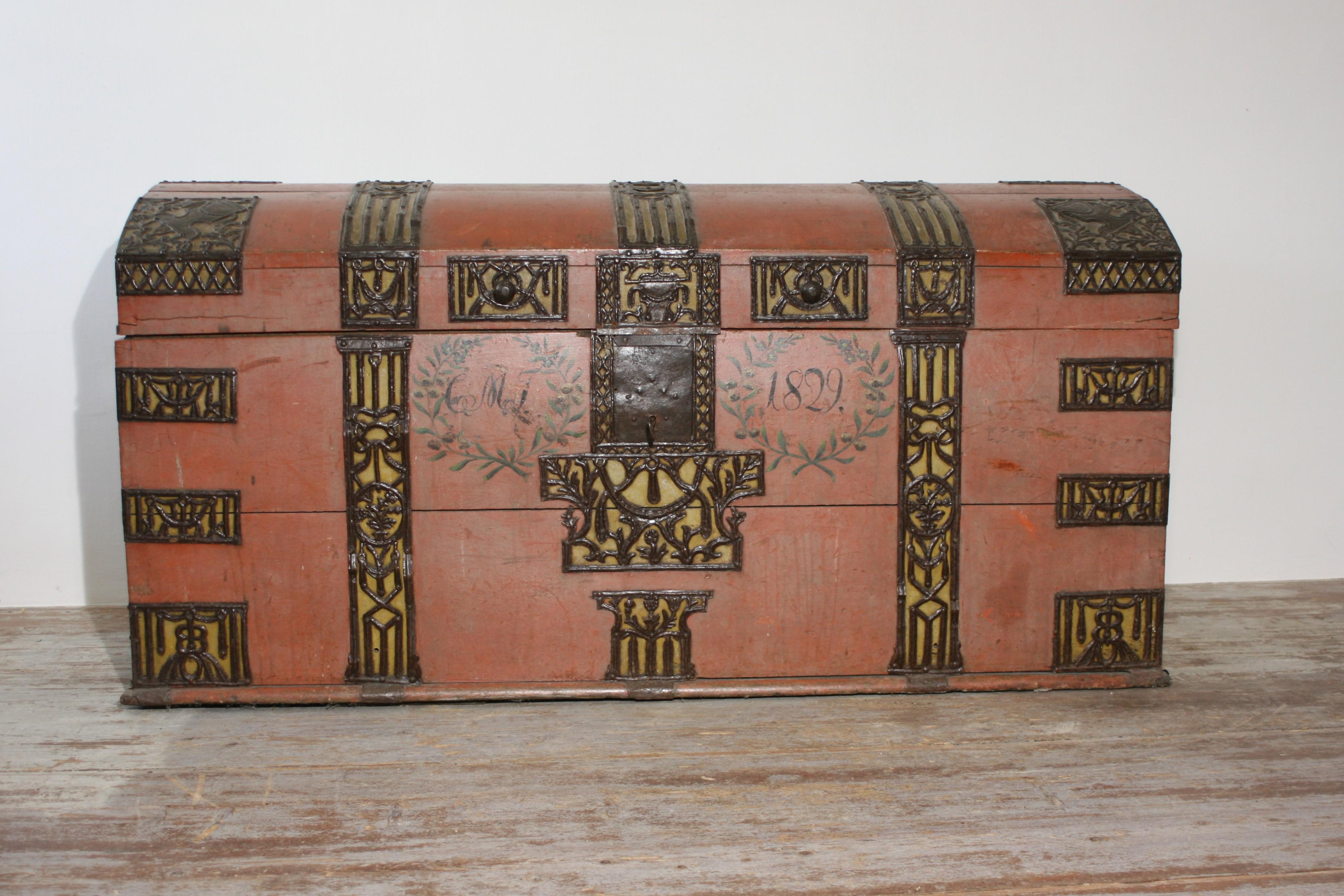 Danish Large Empire Wedding Trunk Painted in Pale Red-Yellow Colors Dated 1829, Denmark