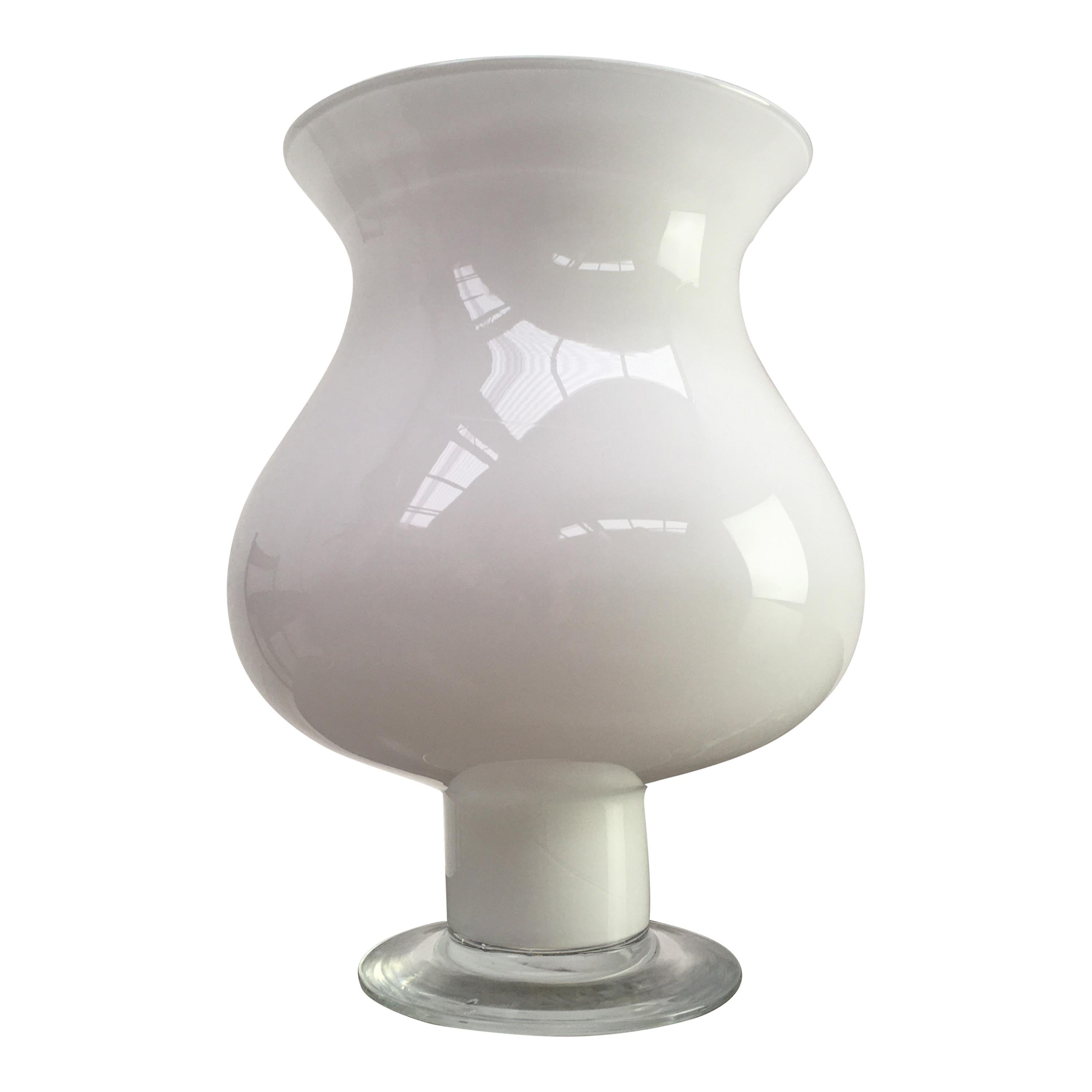Large Empoli White and Clear Glass Footed Urn Vase, Italy, 1960s at