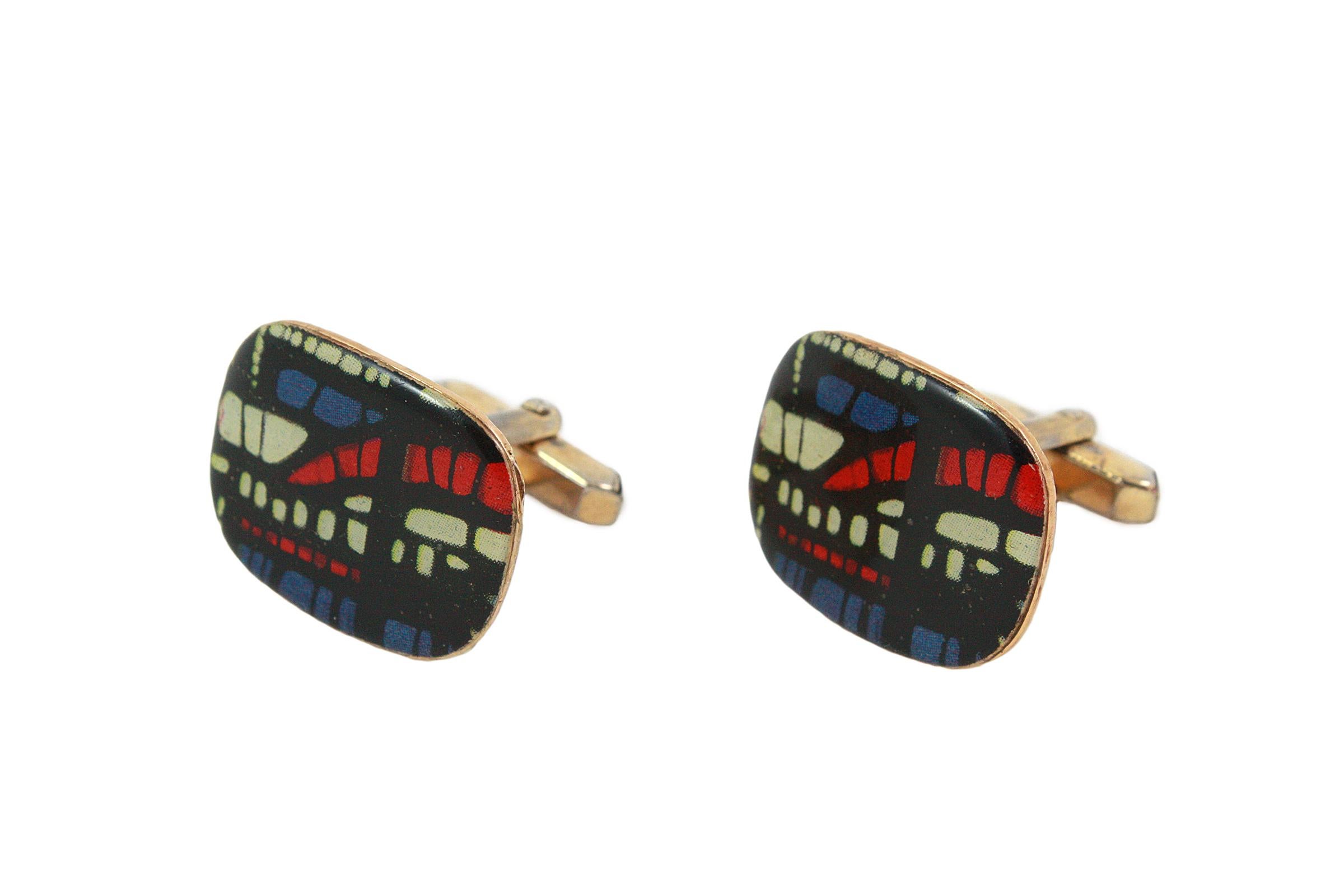 Large Enamel Abstract Patterned Silver with a Gold Vermeil Cufflinks In Fair Condition For Sale In Los Angeles, CA