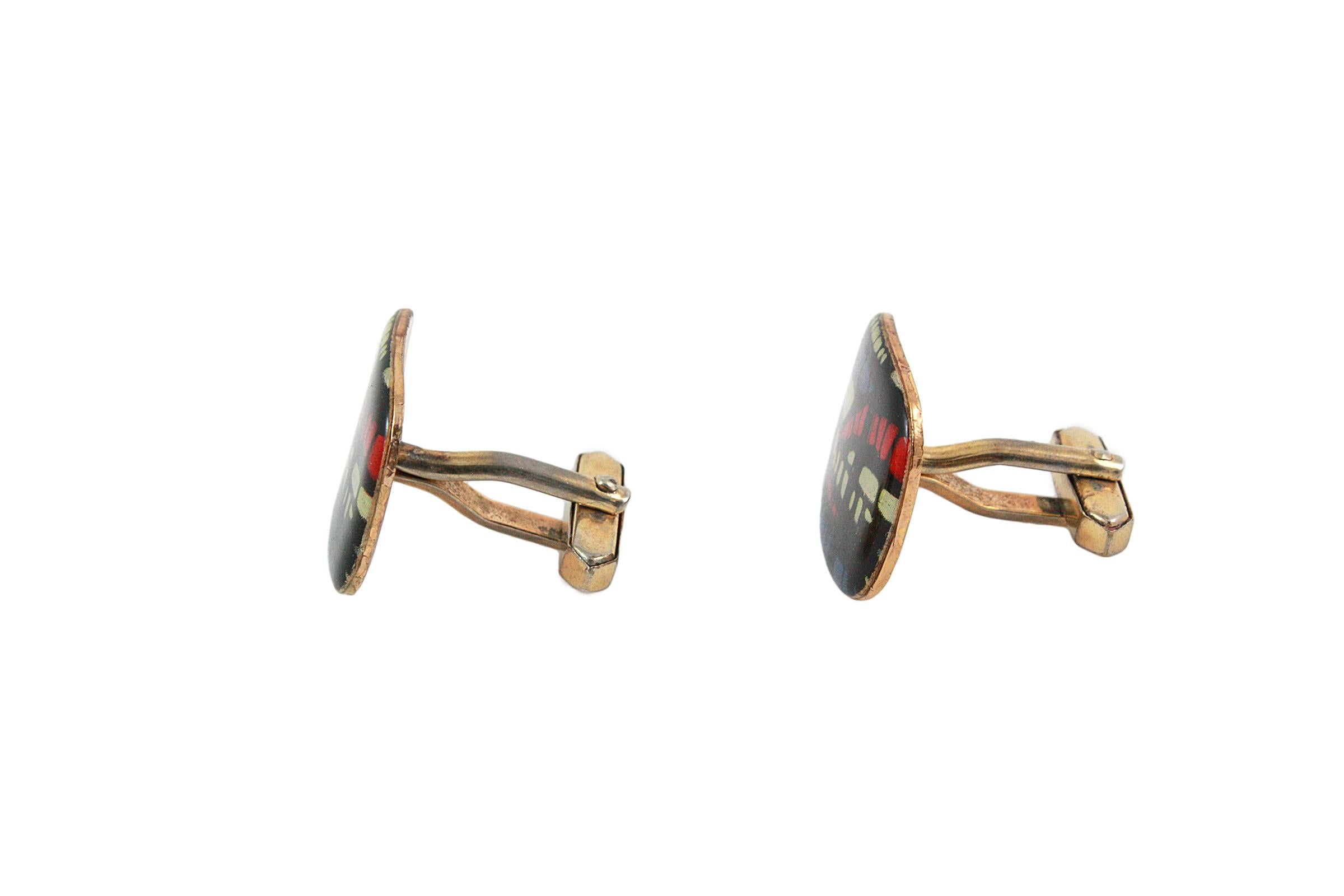 Men's Large Enamel Abstract Patterned Silver with a Gold Vermeil Cufflinks For Sale