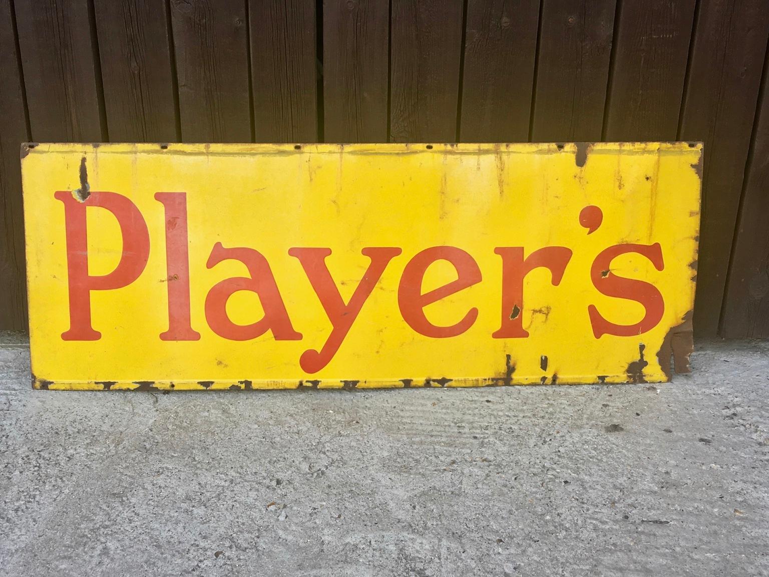 Large Enamel advertising sign for Player’s tobacco, 1950
Vintage decorative 'Player's' Tobacco enamel advertising sign. Dating from around early 1950s, this is a great example, a rare sign that doesn't come up on the market very often. 
The colours,