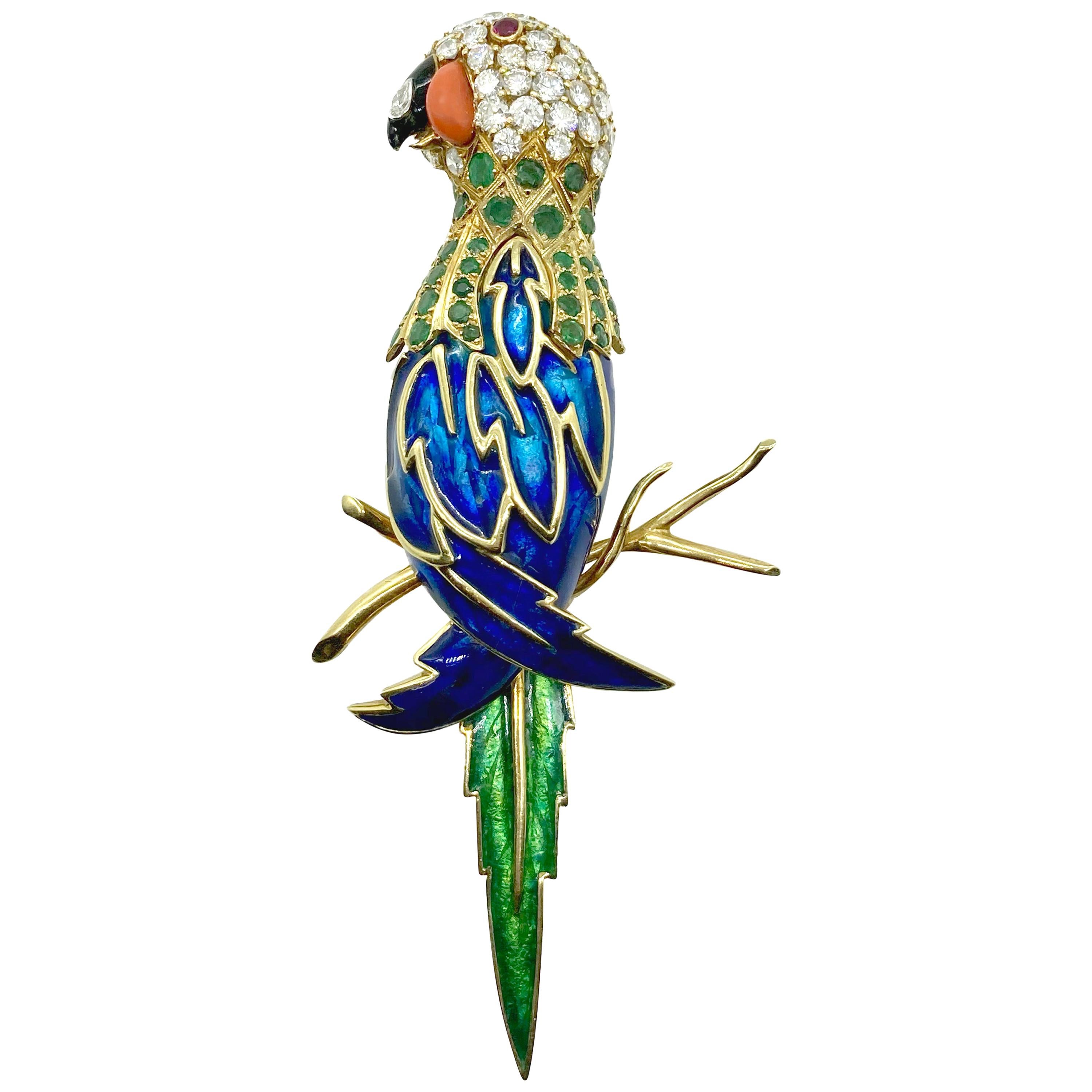 Grande broche fantaisie oiseau perroquet en émail et diamants en vente