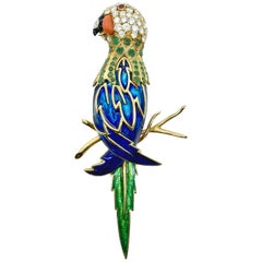 Large Enamel and Diamond Parrot Bird Statement Brooch