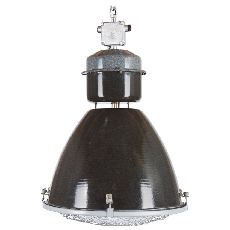 Large Enamel Factory, Industrial Pendant Lamp Parabolic Glass For Sale