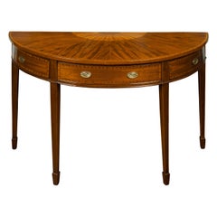 Large English 1840s Mahogany Demilune Table with Fan-Shaped Marquetry Décor