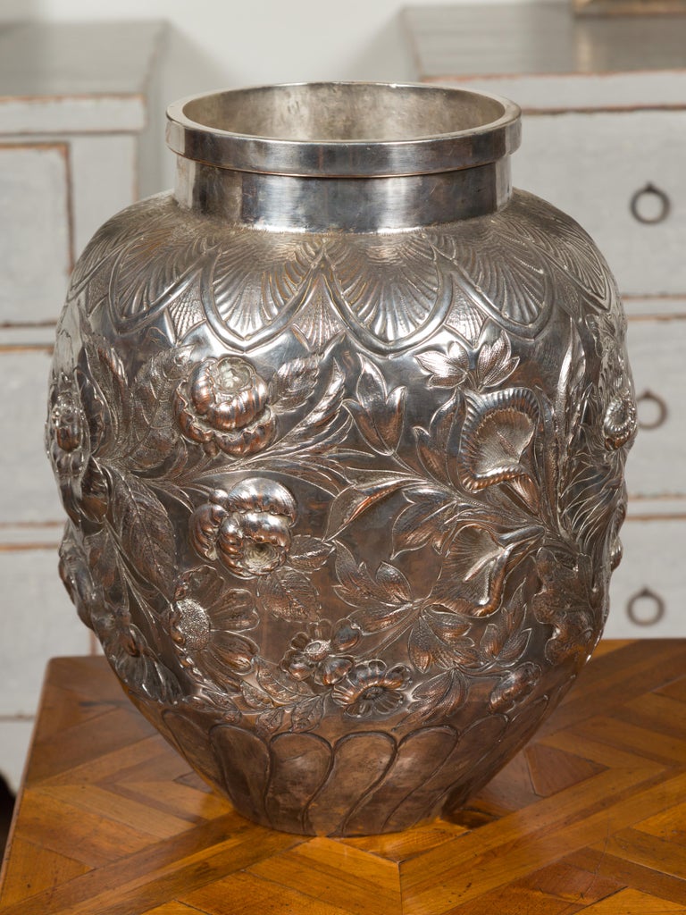 Large English 1900s Silver on Copper Vase with Floral Repoussé Motifs