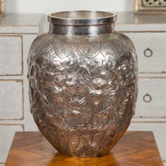Large English 1900s Silver on Copper Vase with Floral Repoussé Motifs