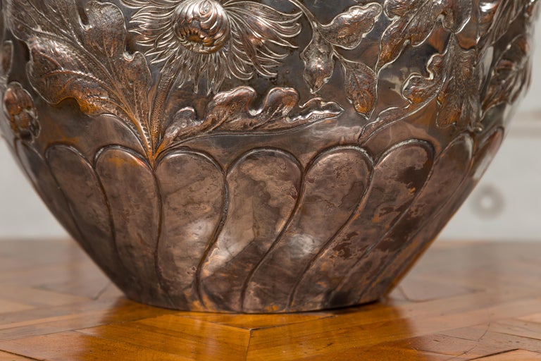 Large English 1900s Silver on Copper Vase with Floral Repoussé Motifs