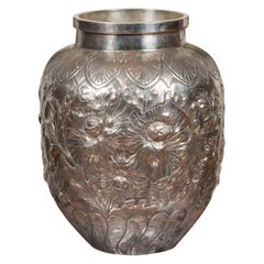 Large English 1900s Silver on Copper Vase with Floral Repoussé Motifs