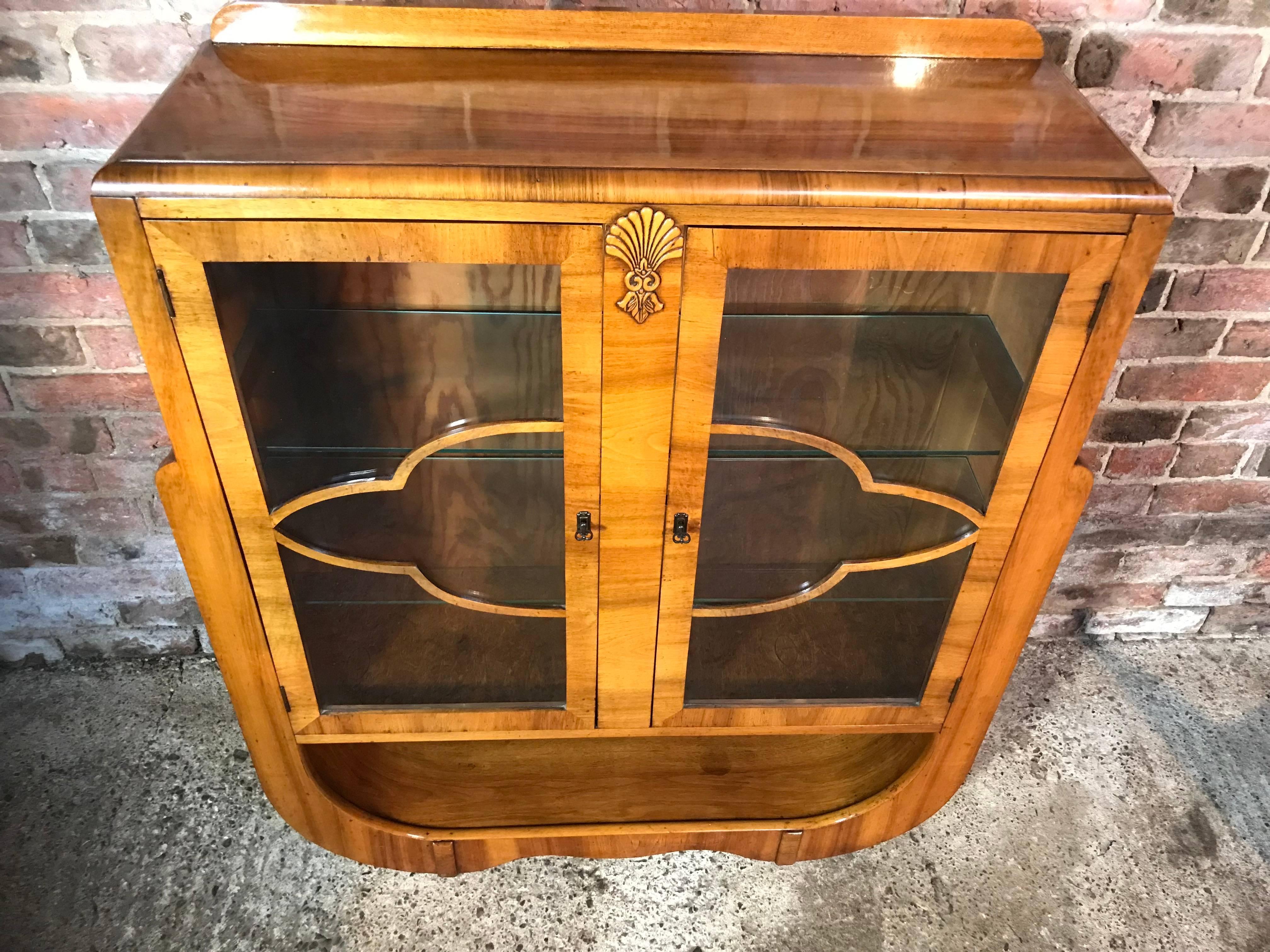 British Large English 1930 Art Deco Walnut Display Cabinet in Mint Condition