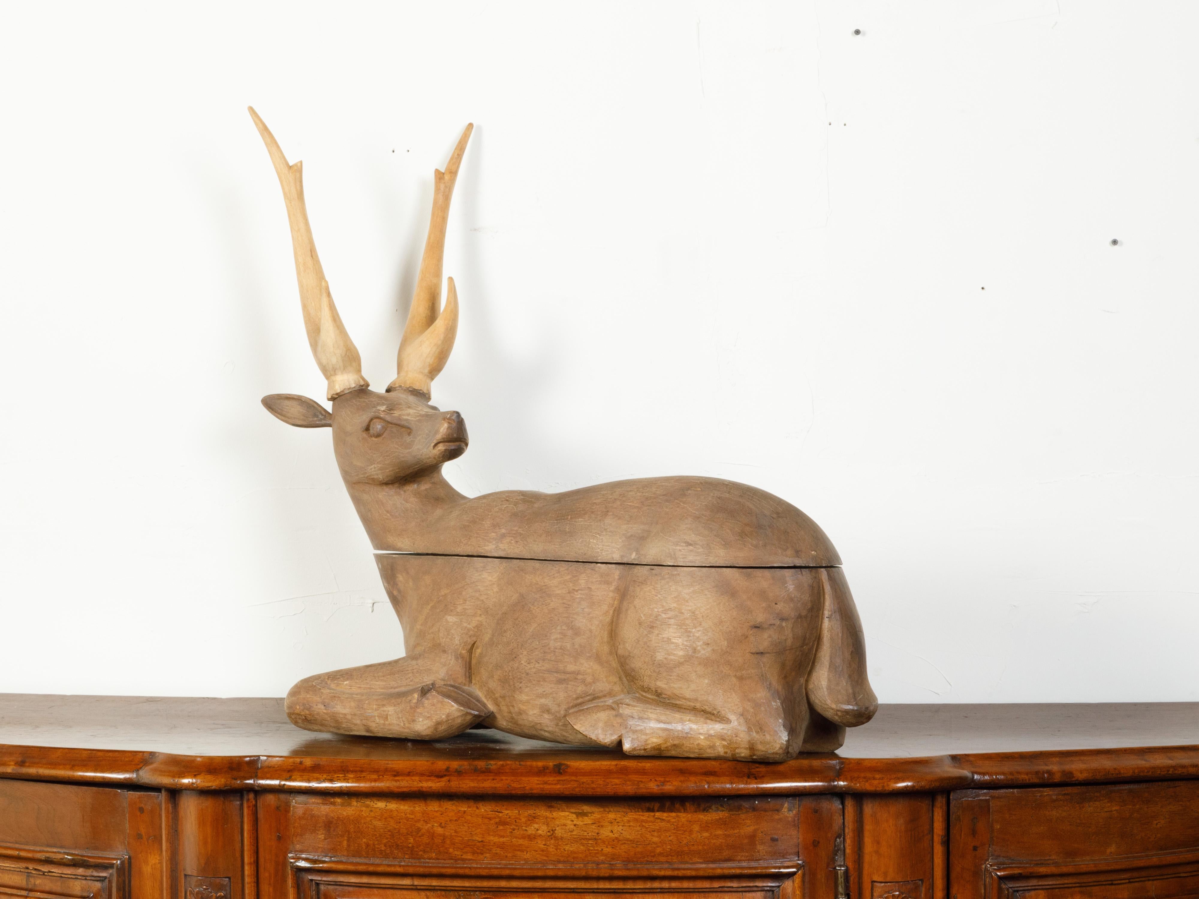 20th Century Large English 1930s Carved Box Depicting a Reclining Stag with Large Antlers