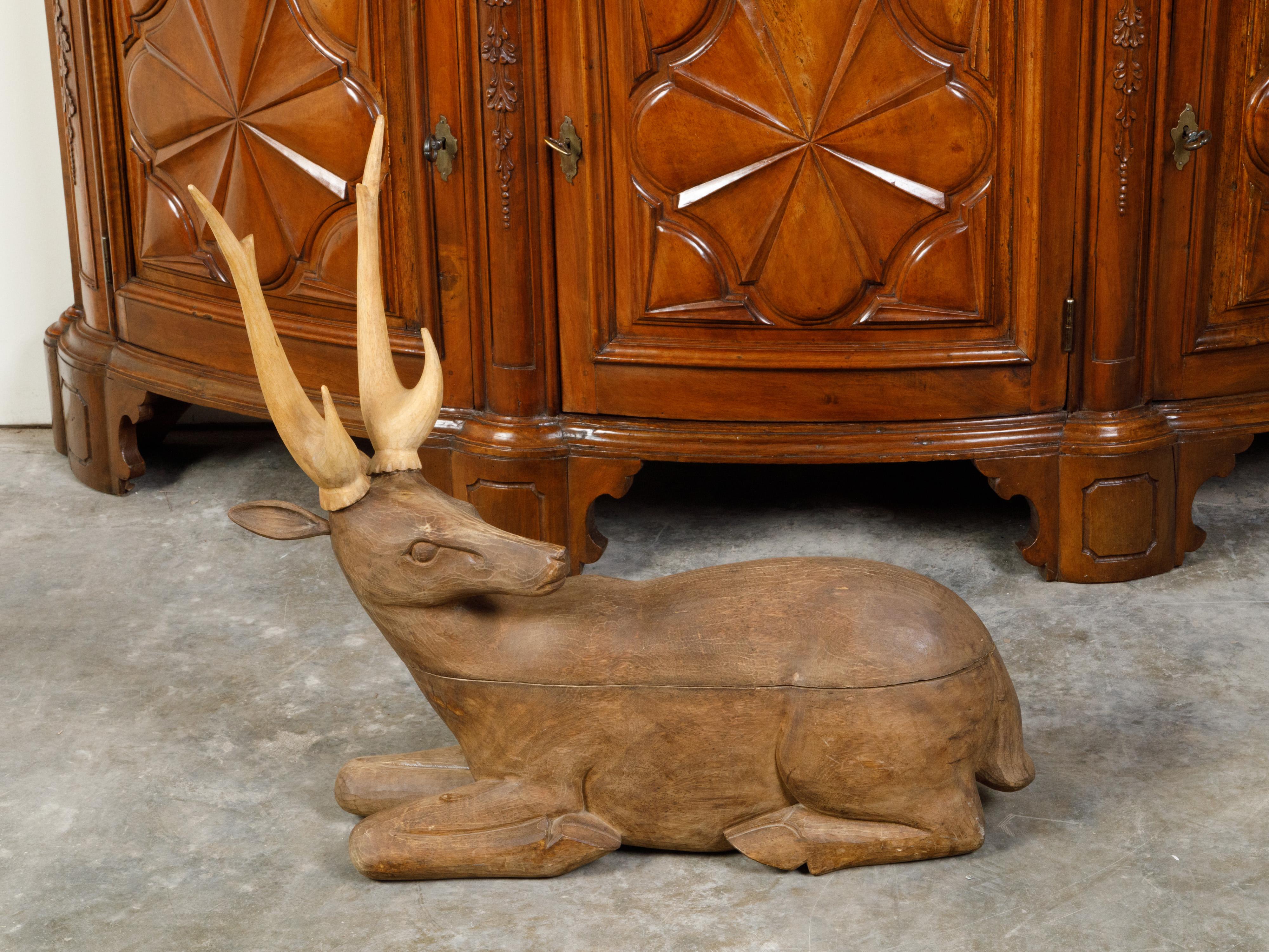 Wood Large English 1930s Carved Box Depicting a Reclining Stag with Large Antlers