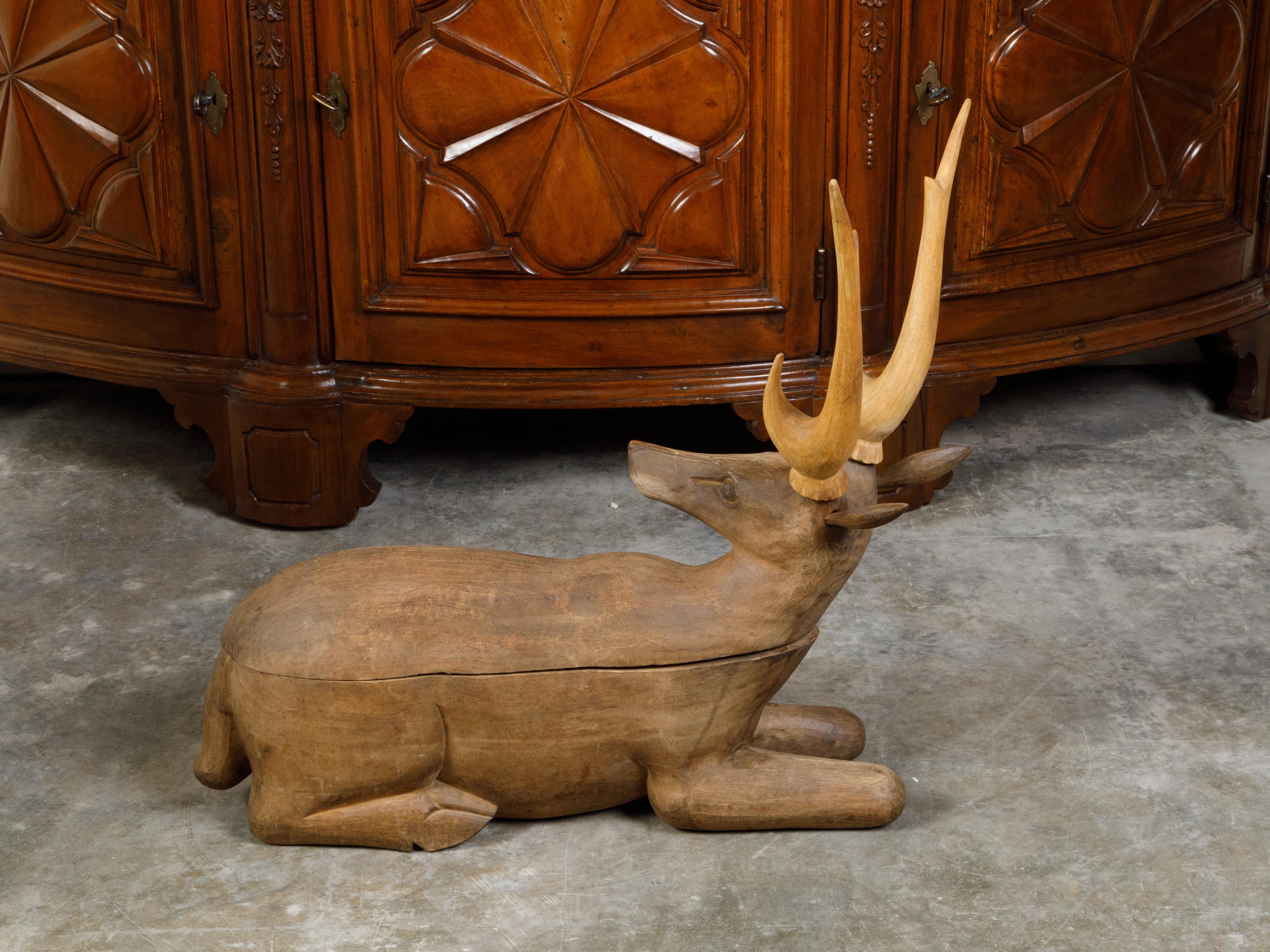 Large English 1930s Carved Box Depicting a Reclining Stag with Large Antlers 2