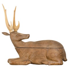 Large English 1930s Carved Box Depicting a Reclining Stag with Large Antlers