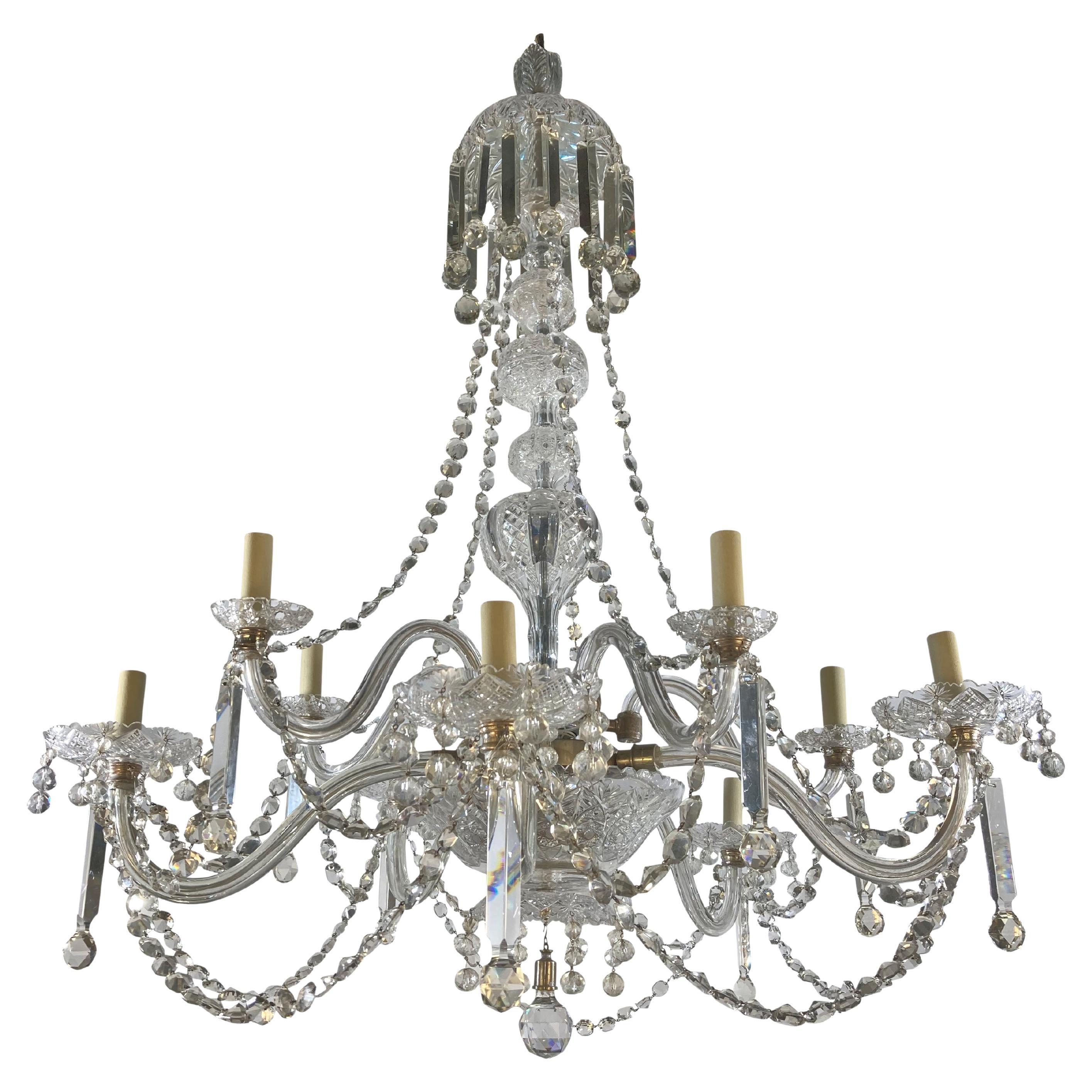 Large English 19th Century Ten Light Cut Glass Chandelier
