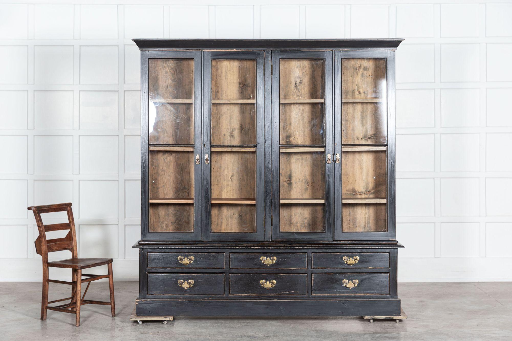 Glazed Large English 19thC Ebonised Pine Haberdashery Display Cabinet