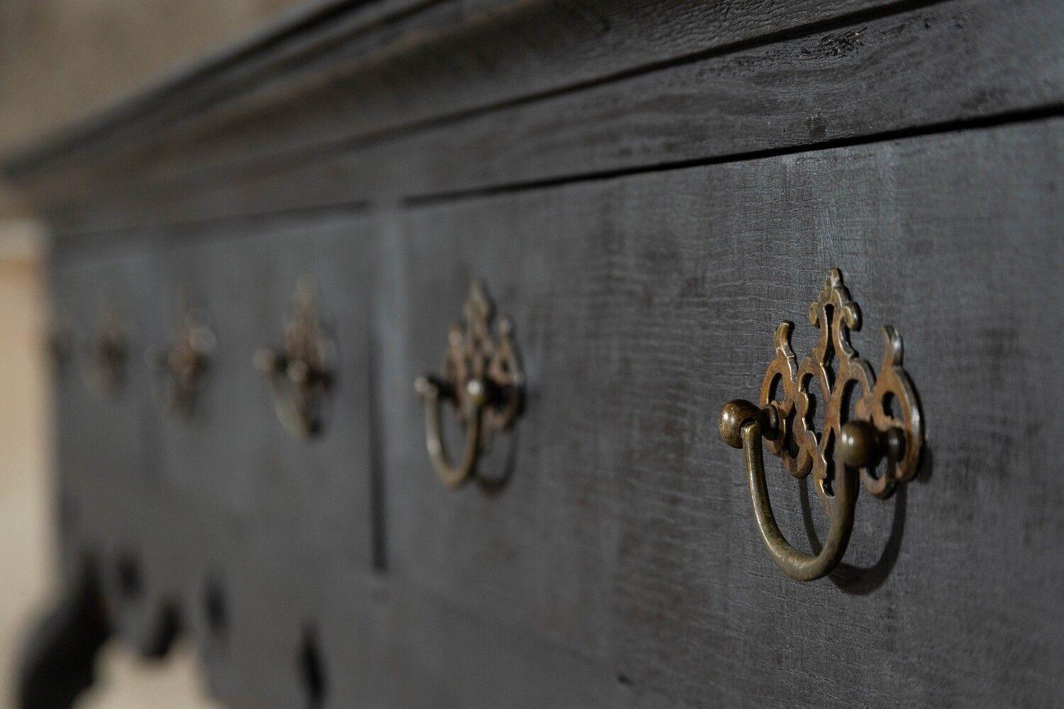 Large English 19thC Grain Ebonised Oak Dresser Base For Sale 8