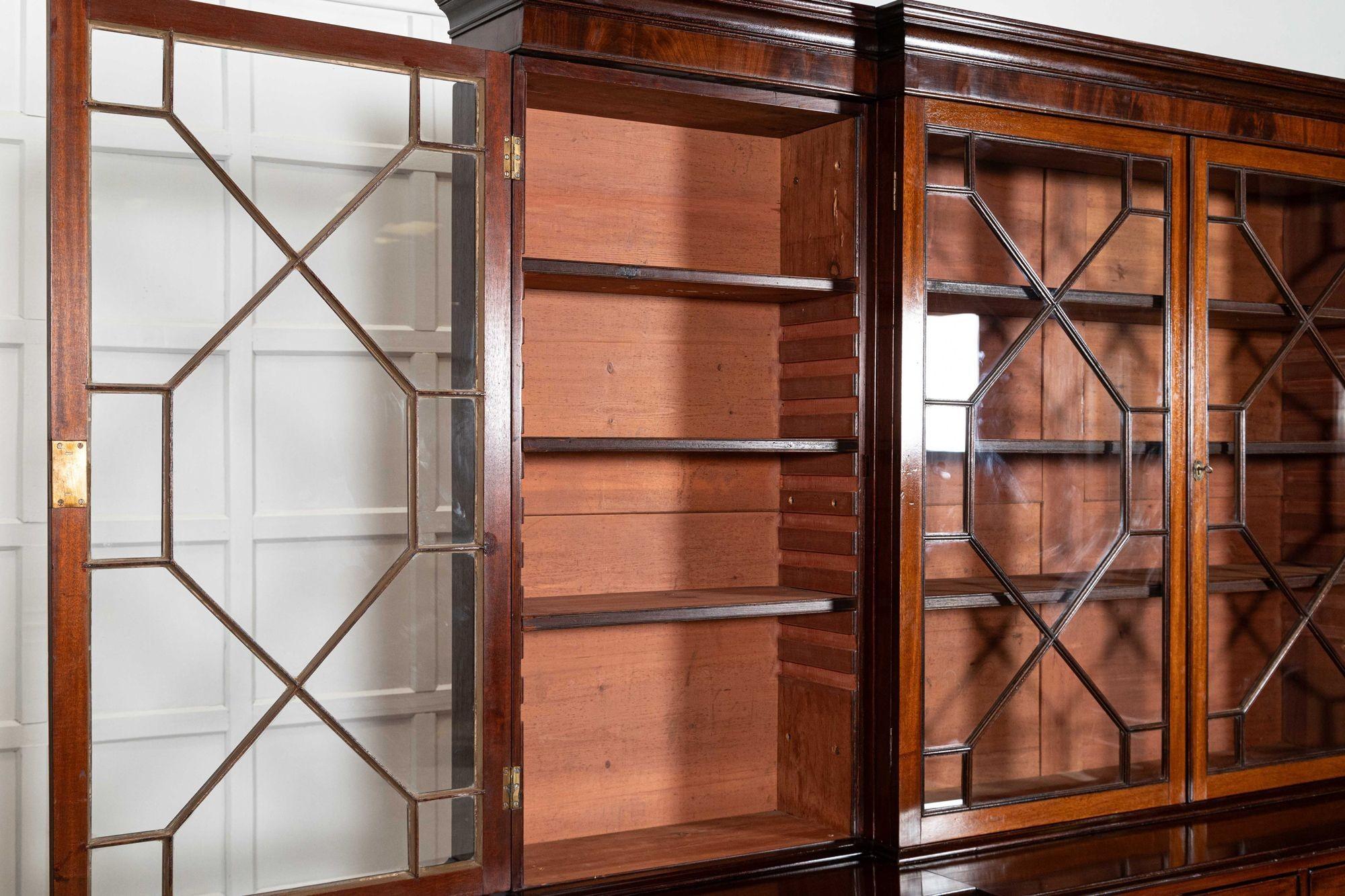 Large English 19thC Mahogany Breakfront Glazed Bookcase For Sale 8
