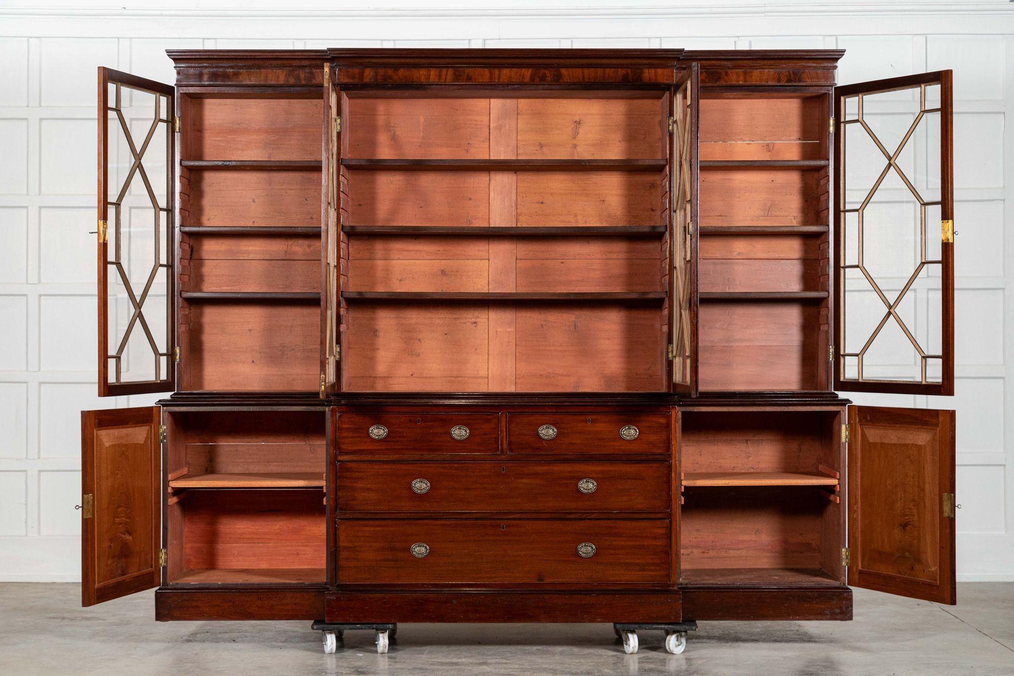 circa 1840
sku 2054
Large English 19thC Mahogany Breakfront Glazed Bookcase

Together W249 x D53 x H206 cm
Base W248 x D53 x H79 cm
Base right section internal shelf depth 43 cm
Base left section internal shelf depth 43 cm
Top W249 x D34 x H127