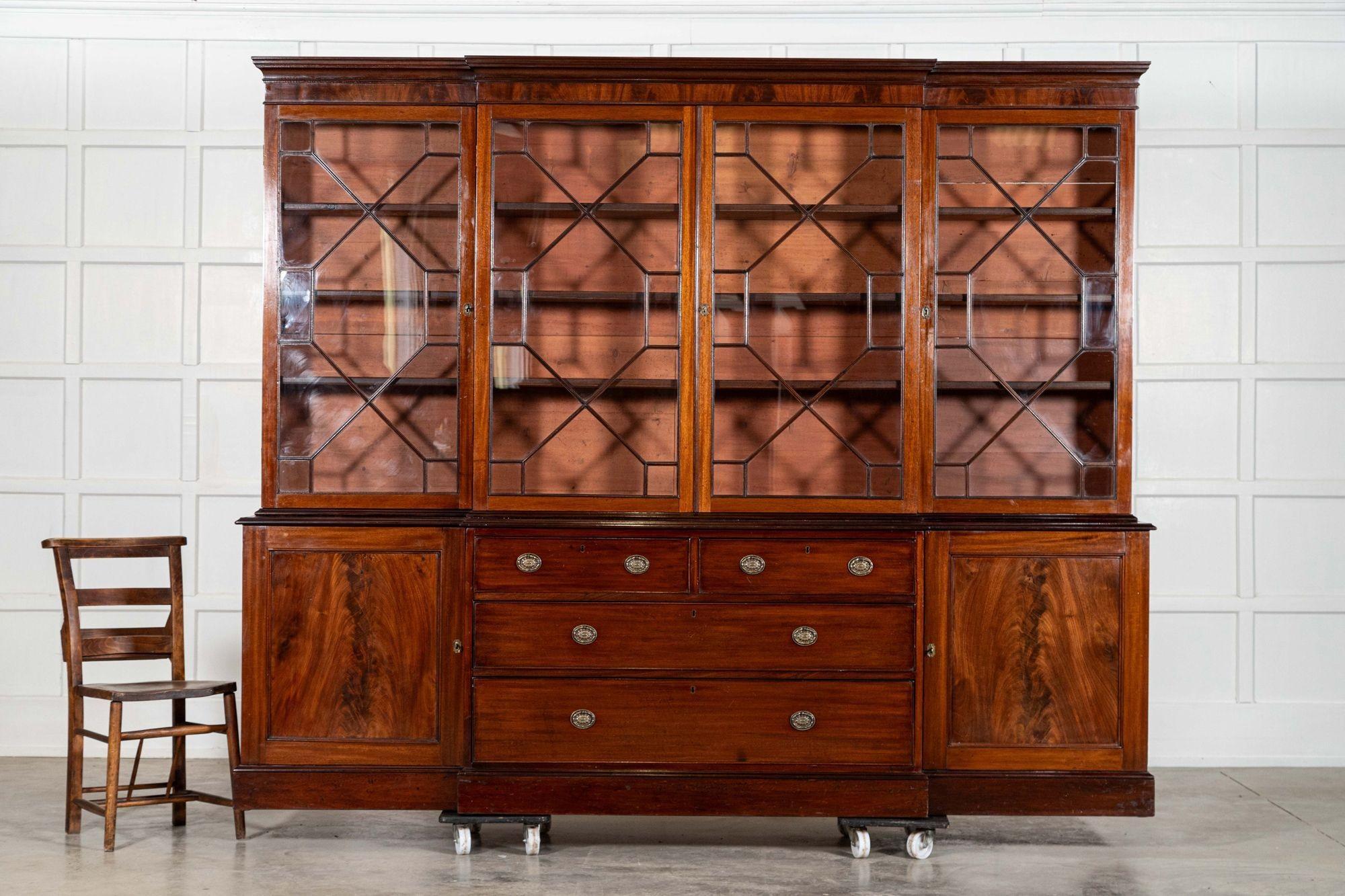 19th Century Large English 19thC Mahogany Breakfront Glazed Bookcase For Sale