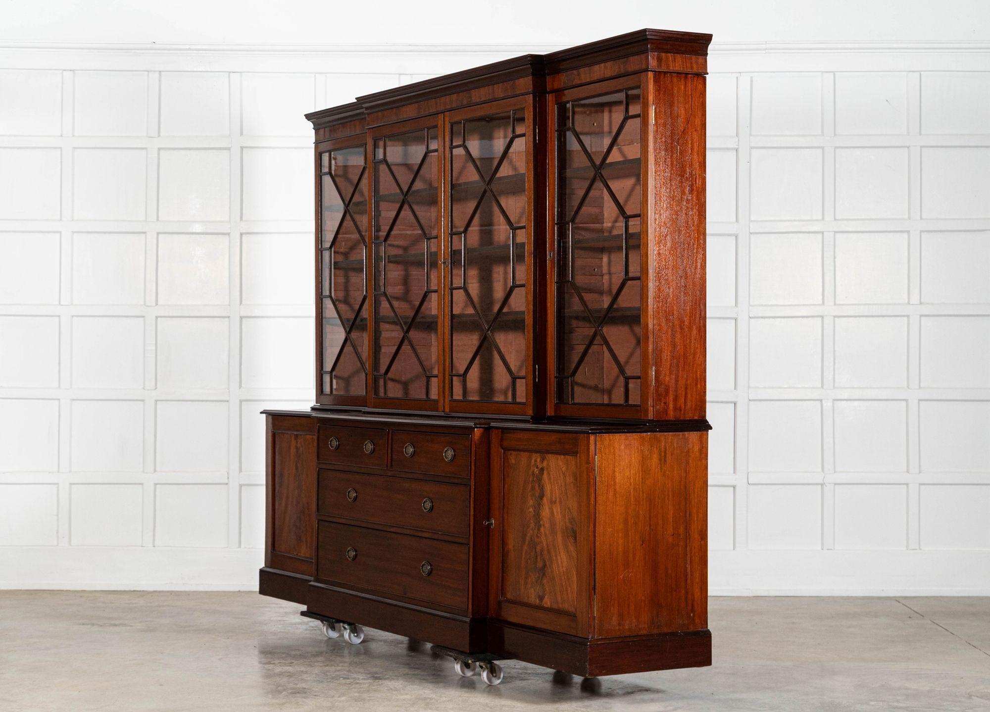 Large English 19thC Mahogany Breakfront Glazed Bookcase For Sale 1
