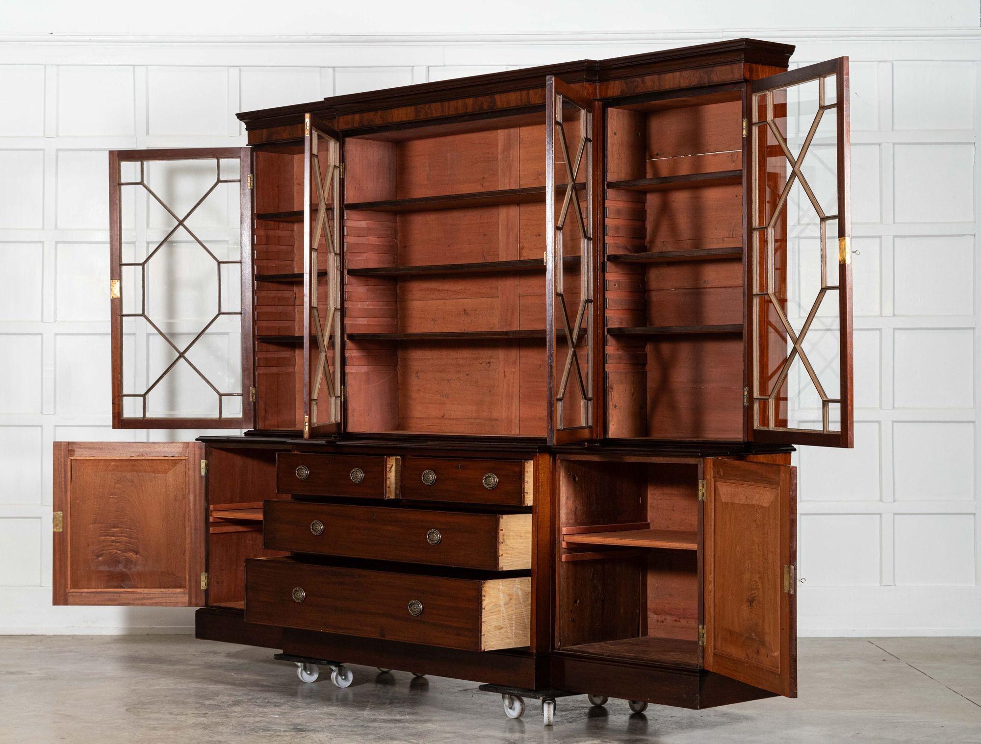 Large English 19thC Mahogany Breakfront Glazed Bookcase For Sale 2