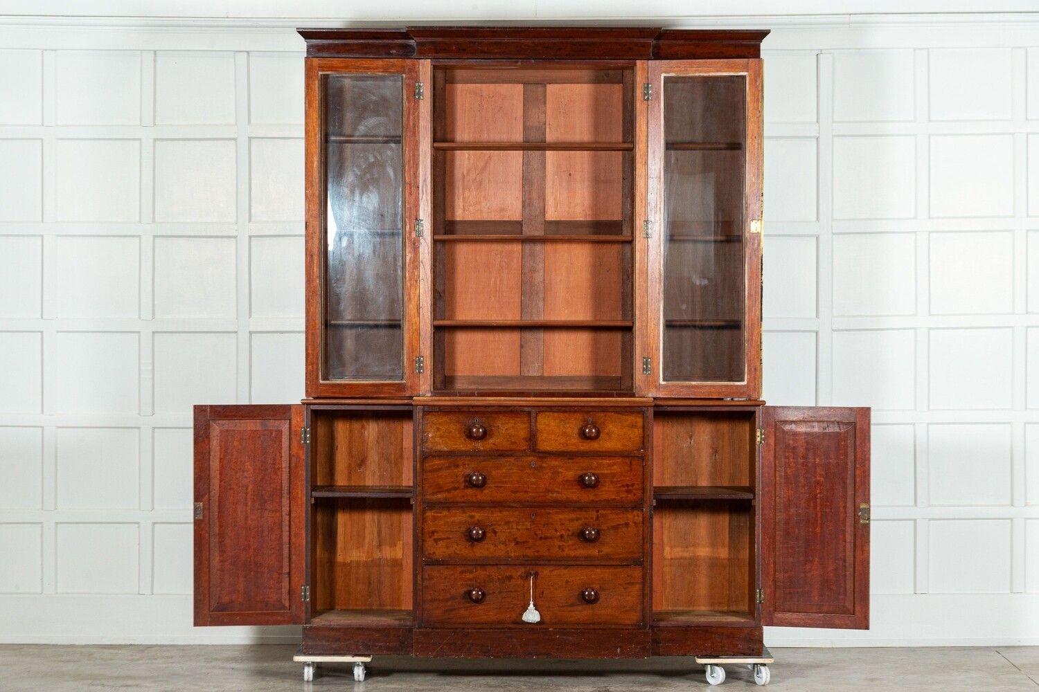 circa 1880
Large English 19thC Mahogany Glazed Breakfront Bookcase
sku 1760
Base W178 x D42 x H98 cm
Top W182 x D37 x H142 cm
Together W182 x D37 x H240 cm
Weight 153 Kg