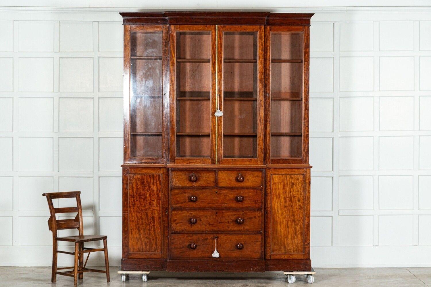 19th Century Large English 19thC Mahogany Glazed Breakfront Bookcase For Sale