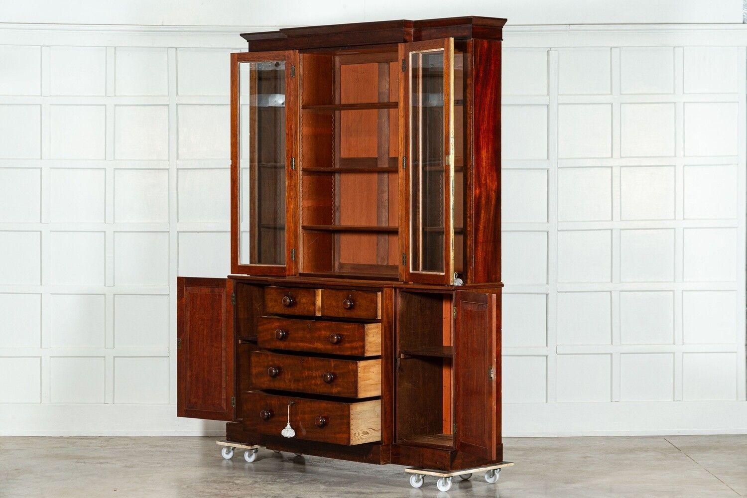 Large English 19thC Mahogany Glazed Breakfront Bookcase For Sale 2