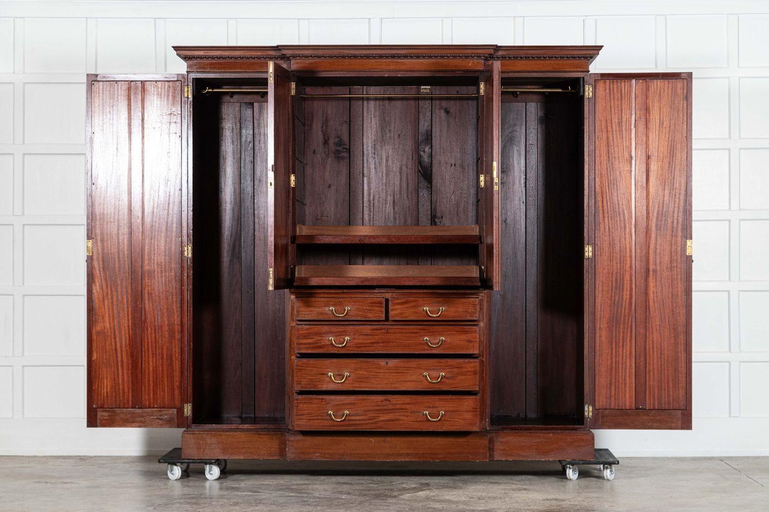 19th Century Large English 19thC Mahogany Triple Wardrobe