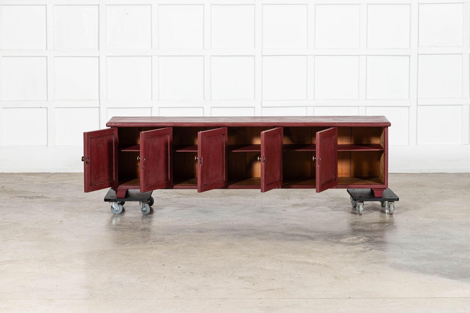 circa 1890
Large English 19thC Painted Pine Locker Cabinet / Bench
sku 2120
W183 x D38.5 x H50
Internal shelf depth 30 cm
Weight 39Kg