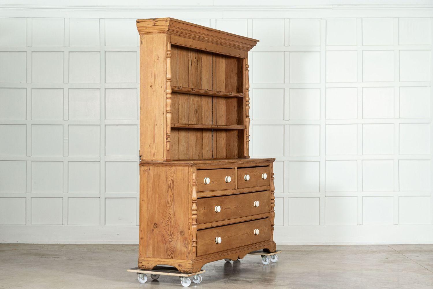 circa 1890
Large English 19thCPine Dresser
sku 1845
Top W174 x D33 x H113 cm
Together W174 x D51 x H200 cm
Weight 120 kg
Shelf internal depth 22 cm