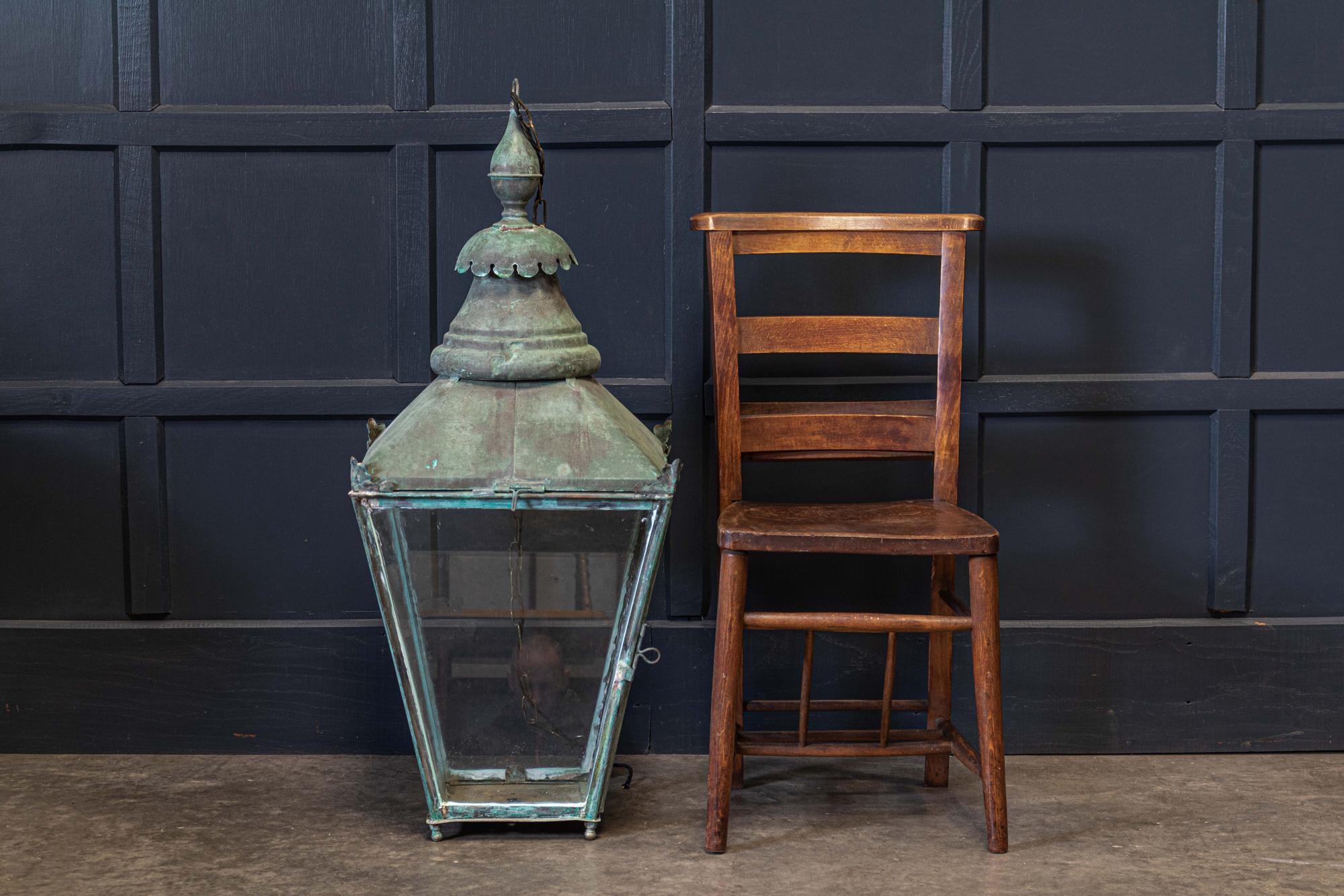 Circa 1870.

Large English 19thC Verdigris Lantern.

Glazed hinged door with excellent decorative colour, comes with 1m of silk flex, 1m of heavy gauge antique brass chain & bronze ceiling hook.

Re-glazed rewired & pat tested - ready to