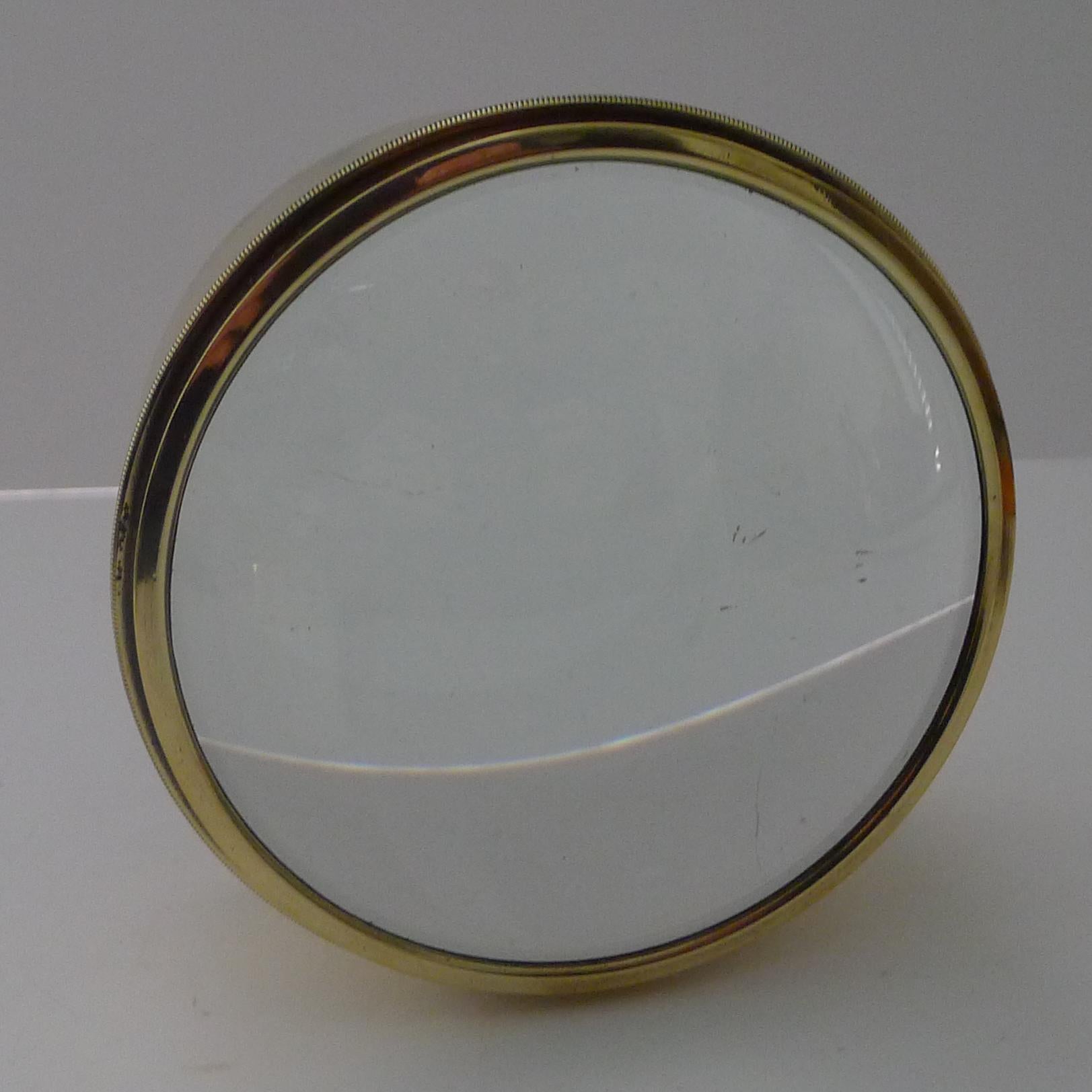 British Large English Antique Brass Desk Magnifying Glass / Paperweight c.1910 For Sale