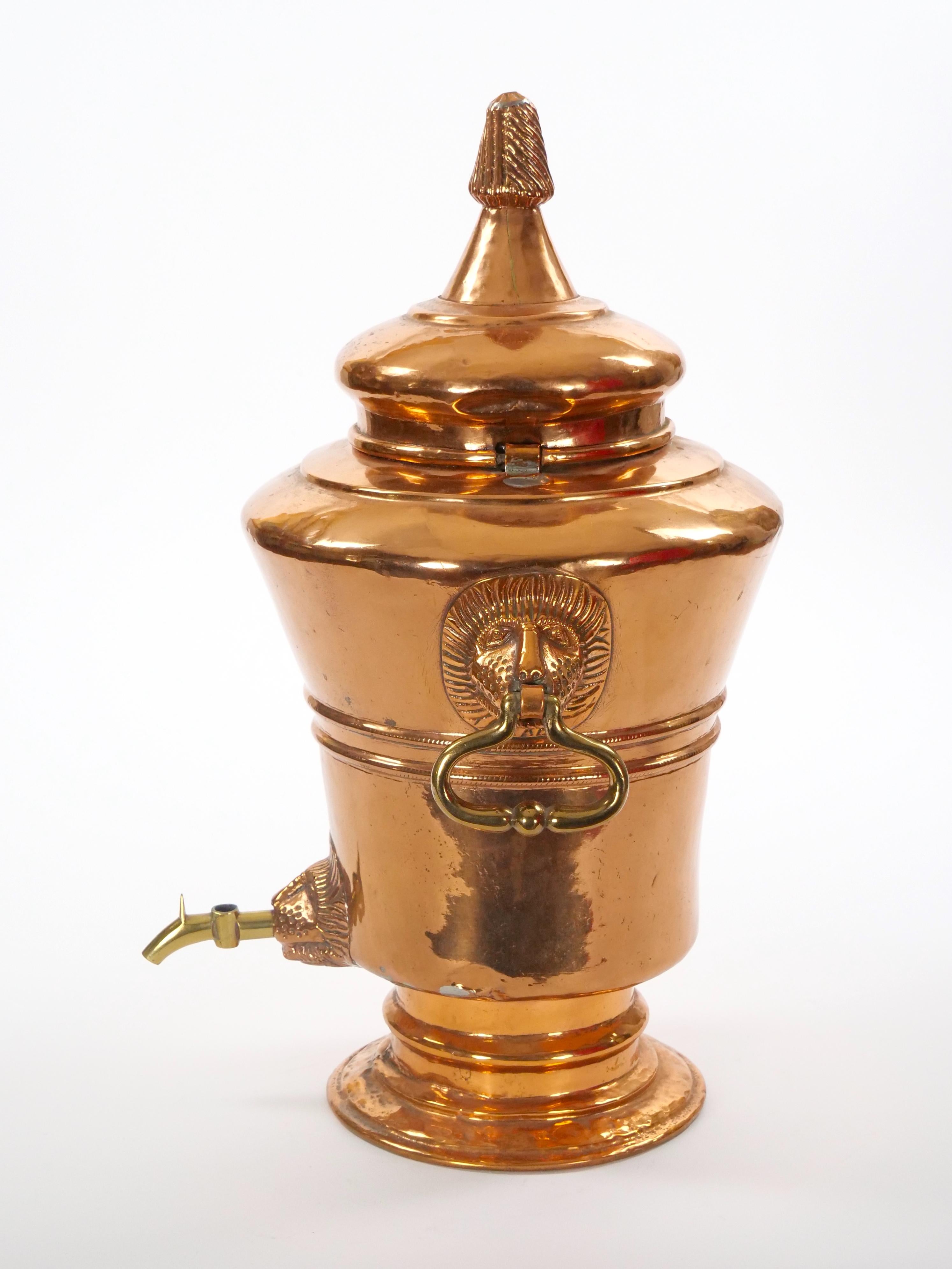19th Century Large English Antique Copper Urn / Hinged Lid & Lions Head Side Handles For Sale