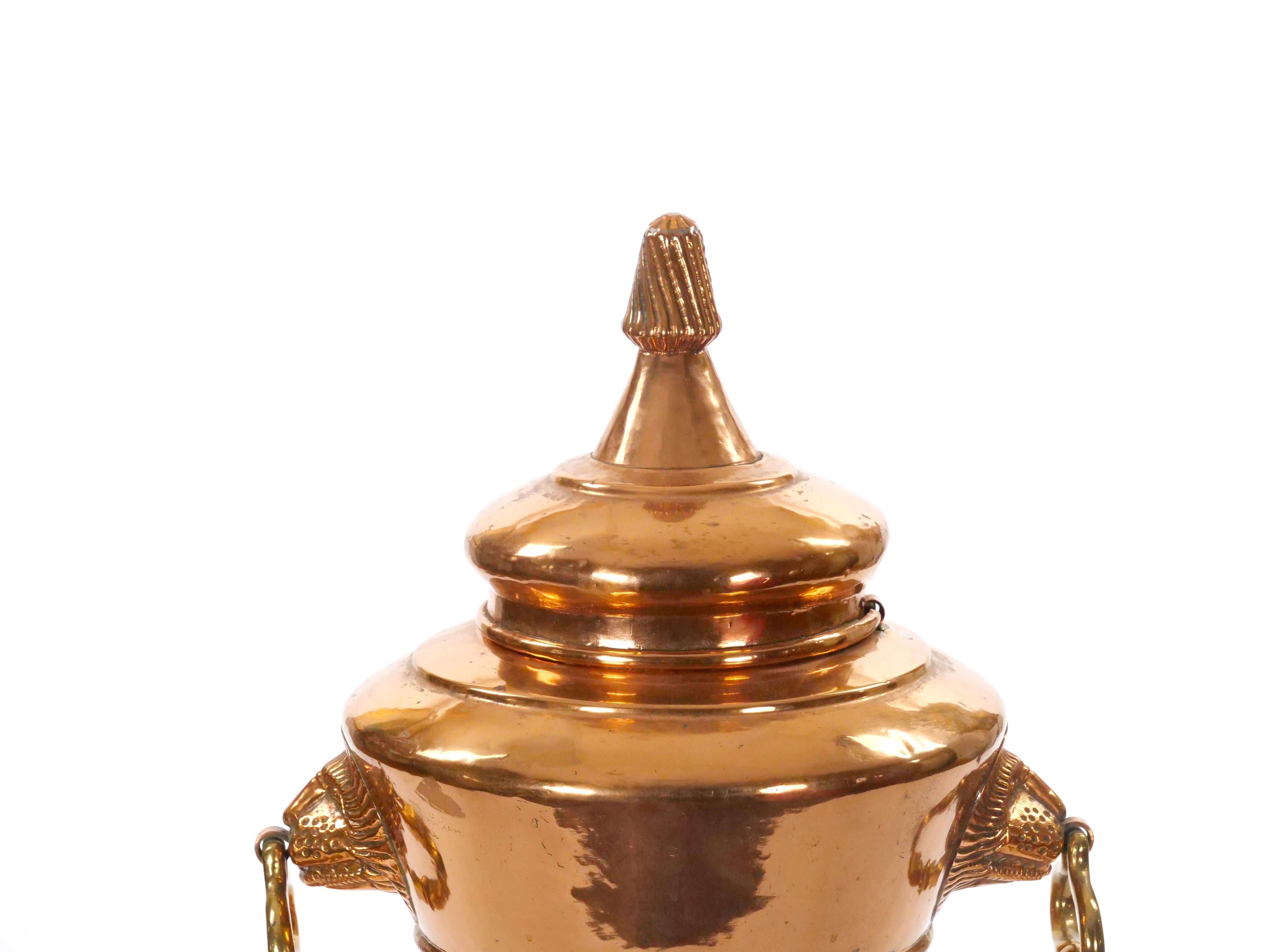 Metal Large English Antique Copper Urn / Hinged Lid & Lions Head Side Handles For Sale
