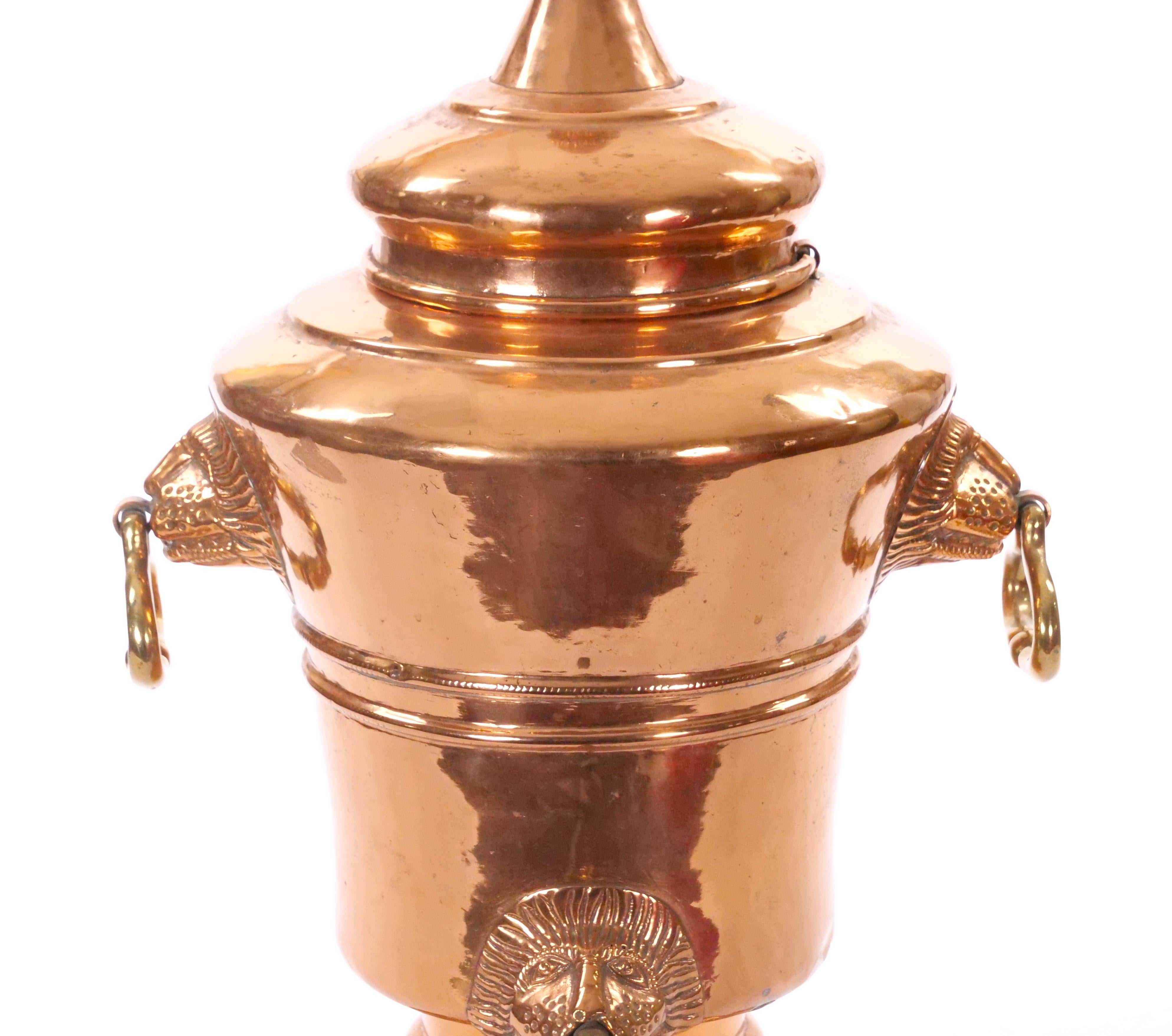 Large English Antique Copper Urn / Hinged Lid & Lions Head Side Handles For Sale 1