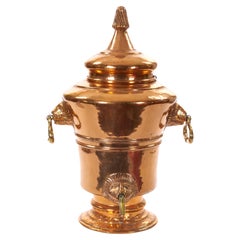 Large English Antique Copper Urn / Hinged Lid & Lions Head Side Handles