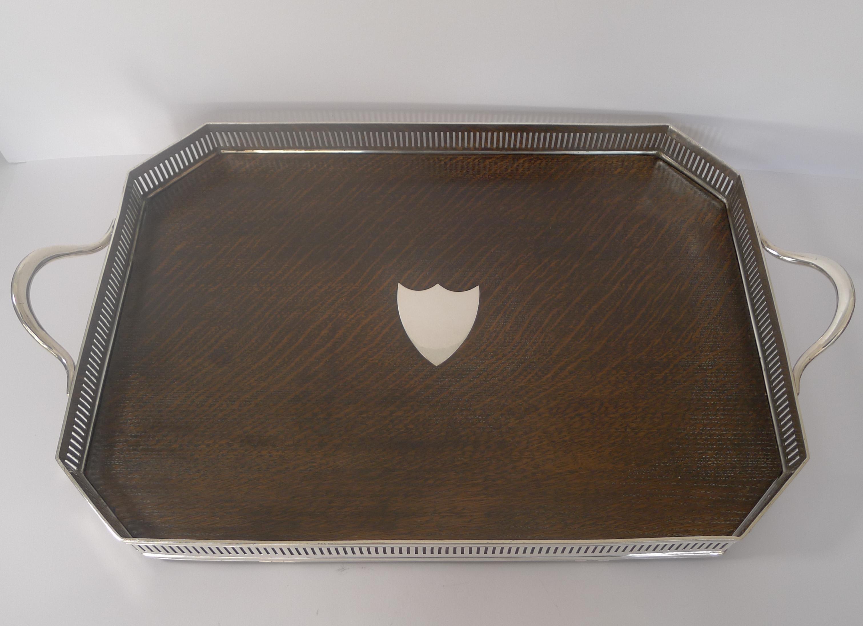Victorian Large English Antique Oak & Silver Plated Cocktail / Drinks Tray, circa 1890