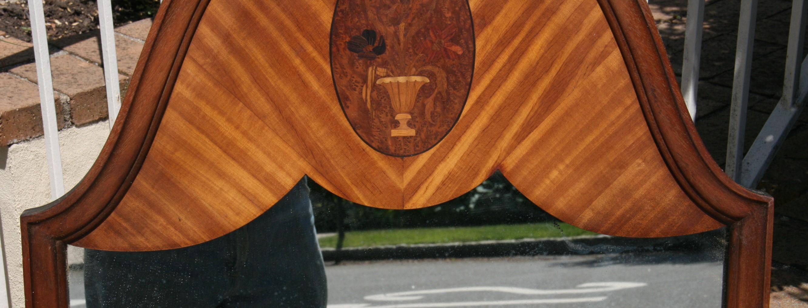 Mid-20th Century Large English Arch Top Walnut Mirror with Inlaid Marquetry For Sale