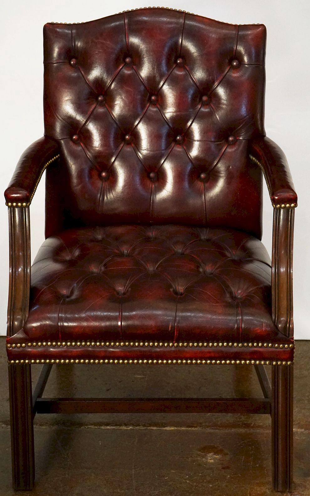 Chippendale Large English Armchair or Library Chair of Tufted Leather