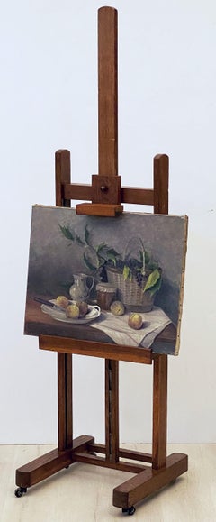Large English Artist's Display or Floor Easel of Oak with Adjustable Tray
